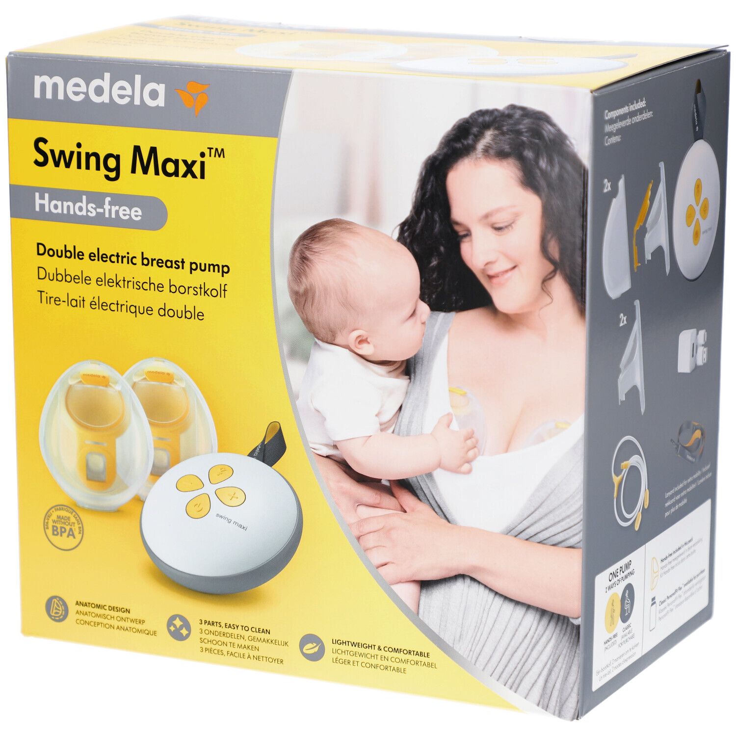 Boîte Medela Swing Maxi Hands-free. Tire-lait électrique double. Image d'une femme et d'un bébé sur l'emballage.