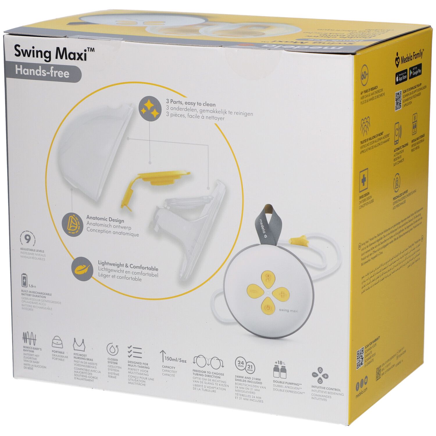 Dos de la boîte Medela Swing Maxi Hands-free. Tire-lait électrique double. Illustration des composants et des fonctions.