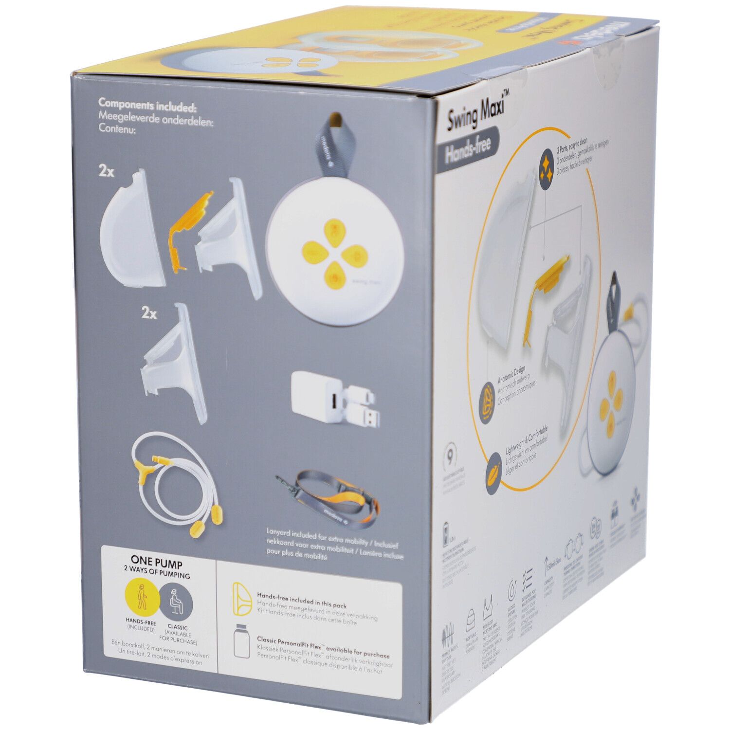 Boîte Medela Swing Maxi Hands-free. Tire-lait électrique double. Montre les composants, y compris les câbles et l'adaptateur.