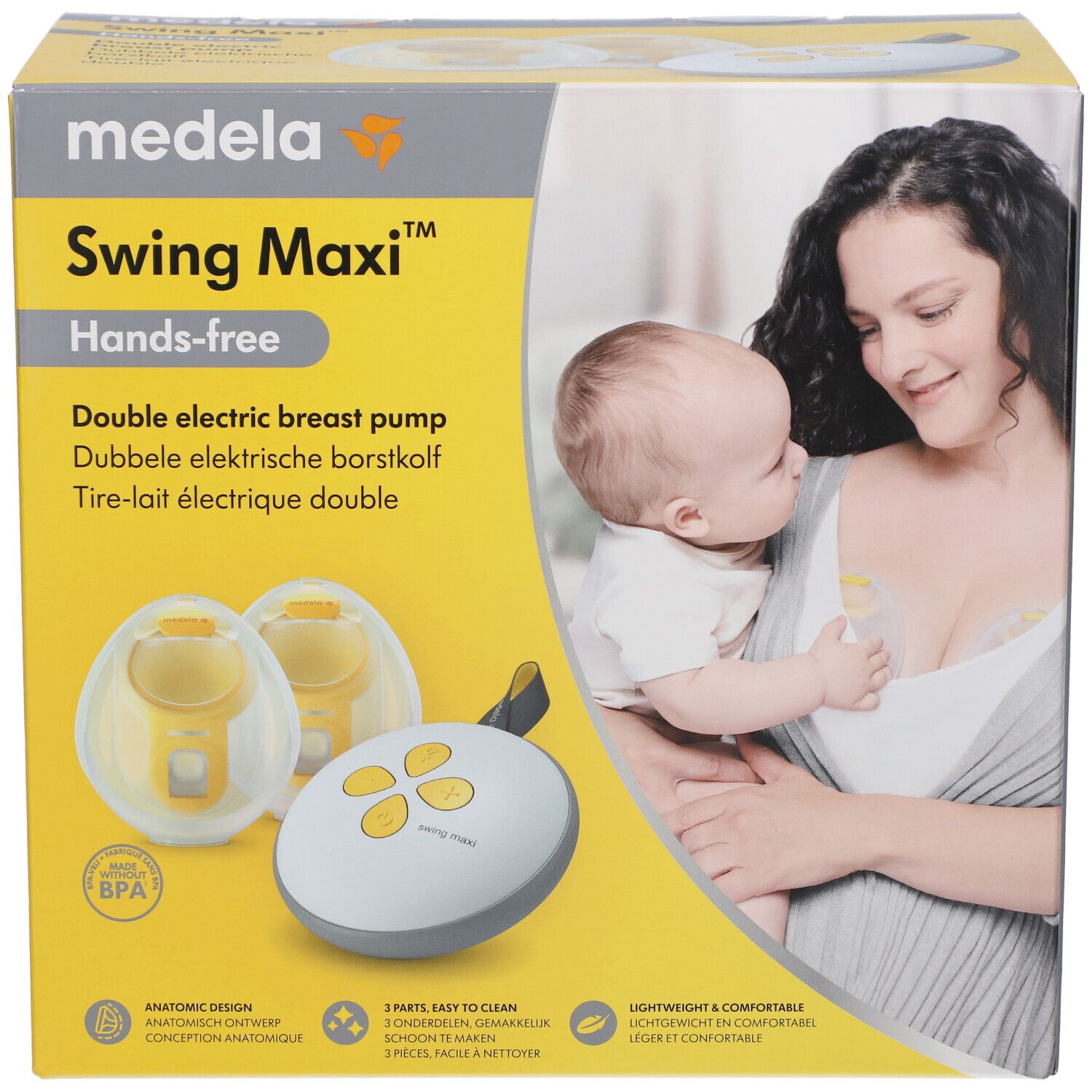 Boîte Medela Swing Maxi Hands-free. Tire-lait électrique double. Image d'une femme avec un bébé et le produit.