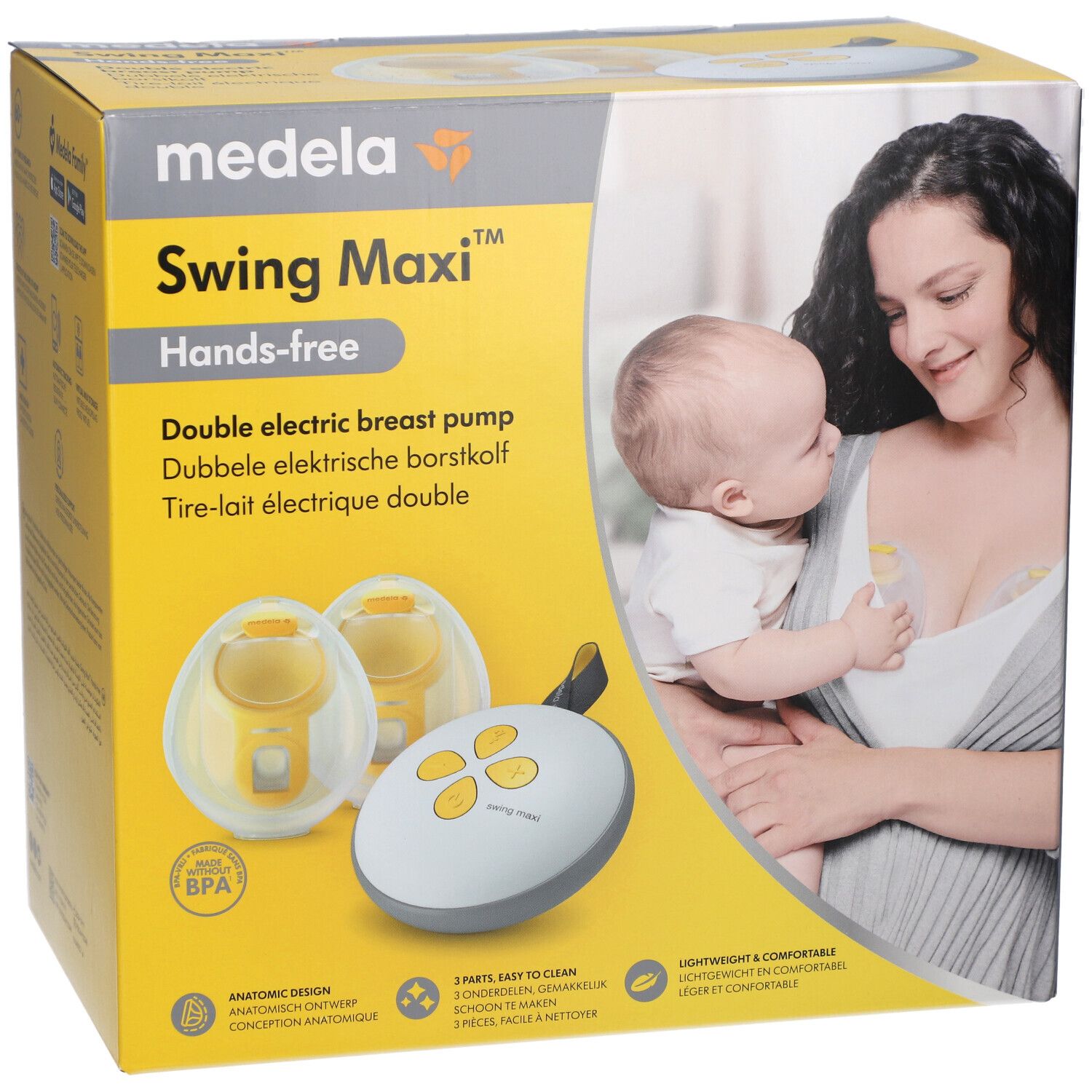 Boîte Medela Swing Maxi Hands-free. Tire-lait électrique double. Image du produit et femme avec bébé.