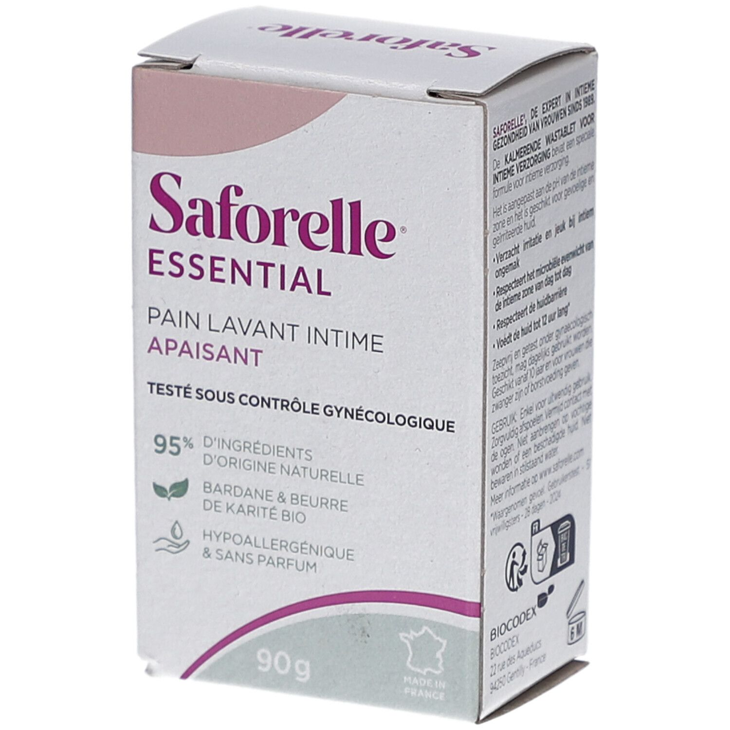 Boîte Saforelle Essential. Carton blanc et rose. Texte: Pain Lavant Intime Apaisant, 90g, 95% ingrédients naturels. Testé sous contrôle gynécologique.