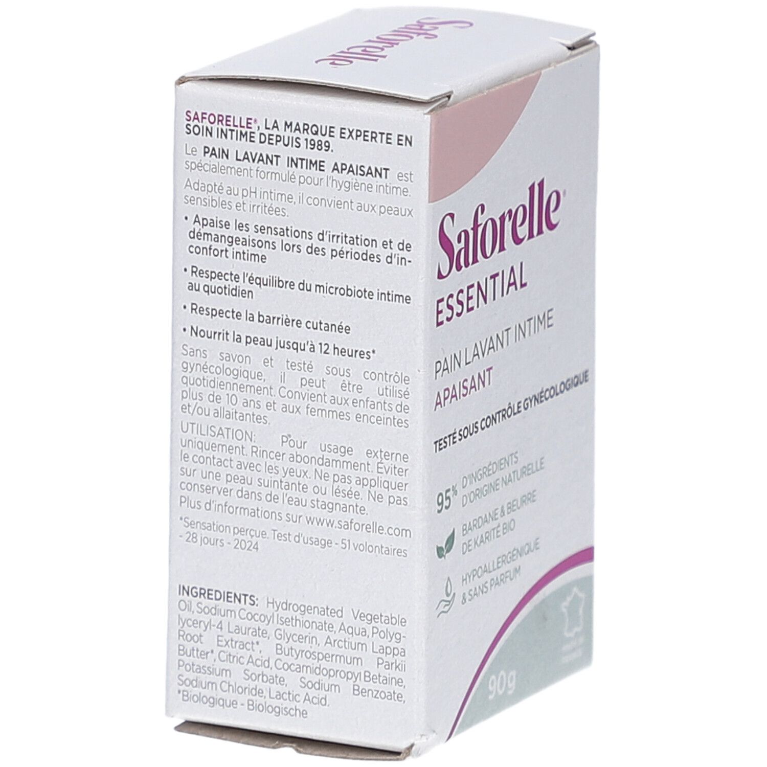 Boîte Saforelle Essential. Carton blanc et rose. Texte: Pain Lavant Intime Apaisant, 90g, ingrédients. Testé sous contrôle gynécologique.