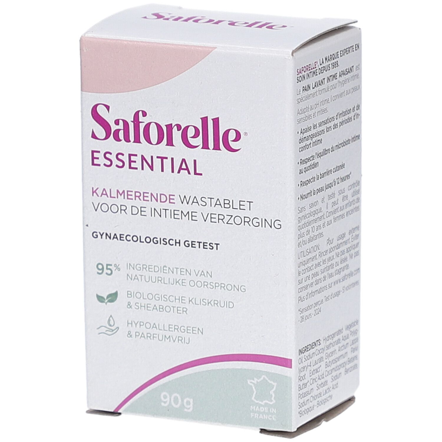 Boîte Saforelle Essential. Carton blanc et rose. Texte: Kalmerende Wastablet, 90g, 95% ingrédients naturels. Testé gynécologiquement.