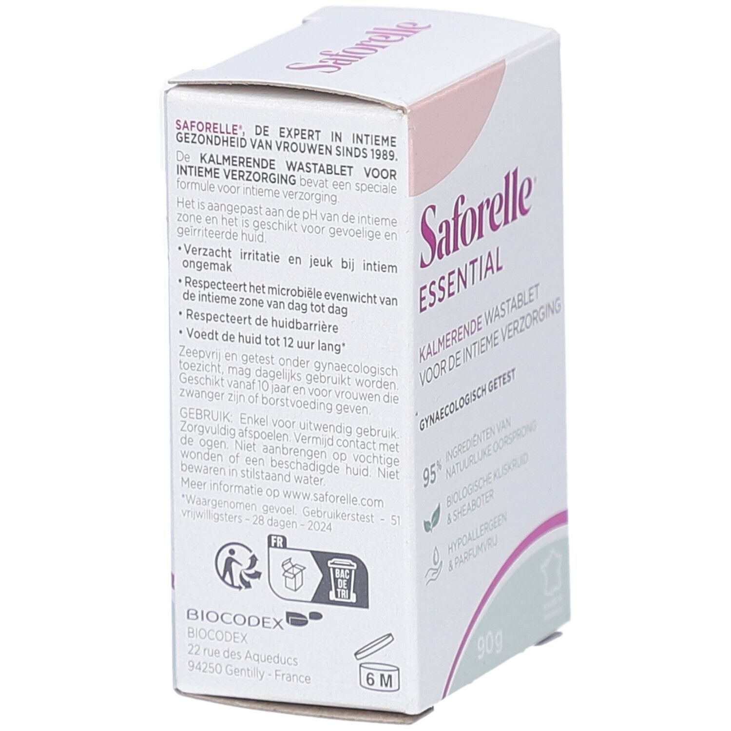 Boîte Saforelle Essential. Carton blanc et rose. Texte: Kalmerende Wastablet, 90g, 95% ingrédients naturels. Testé gynécologiquement.