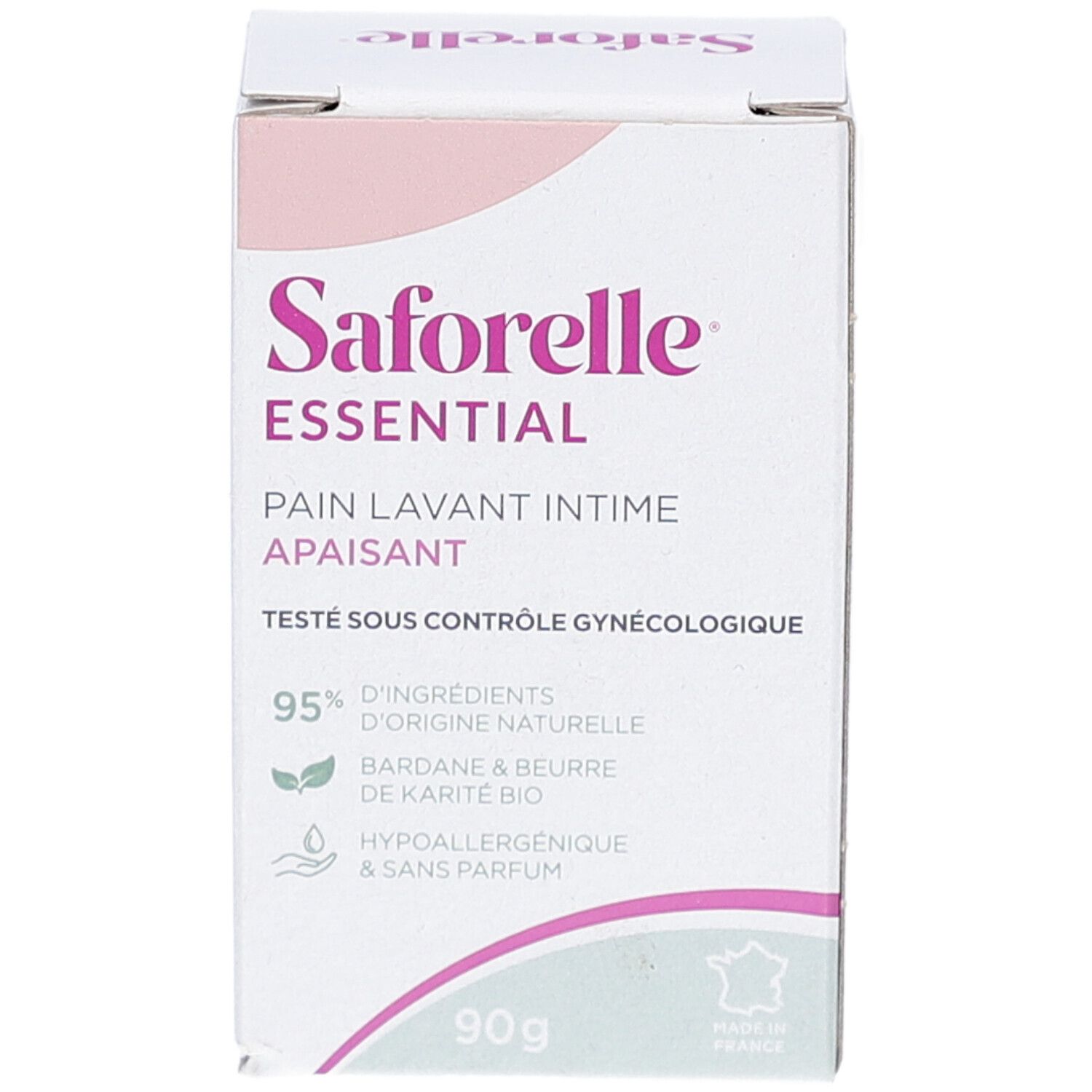 Boîte Saforelle Essential. Carton blanc et rose. Texte: Pain Lavant Intime Apaisant, 90g, 95% ingrédients naturels. Testé sous contrôle gynécologique.