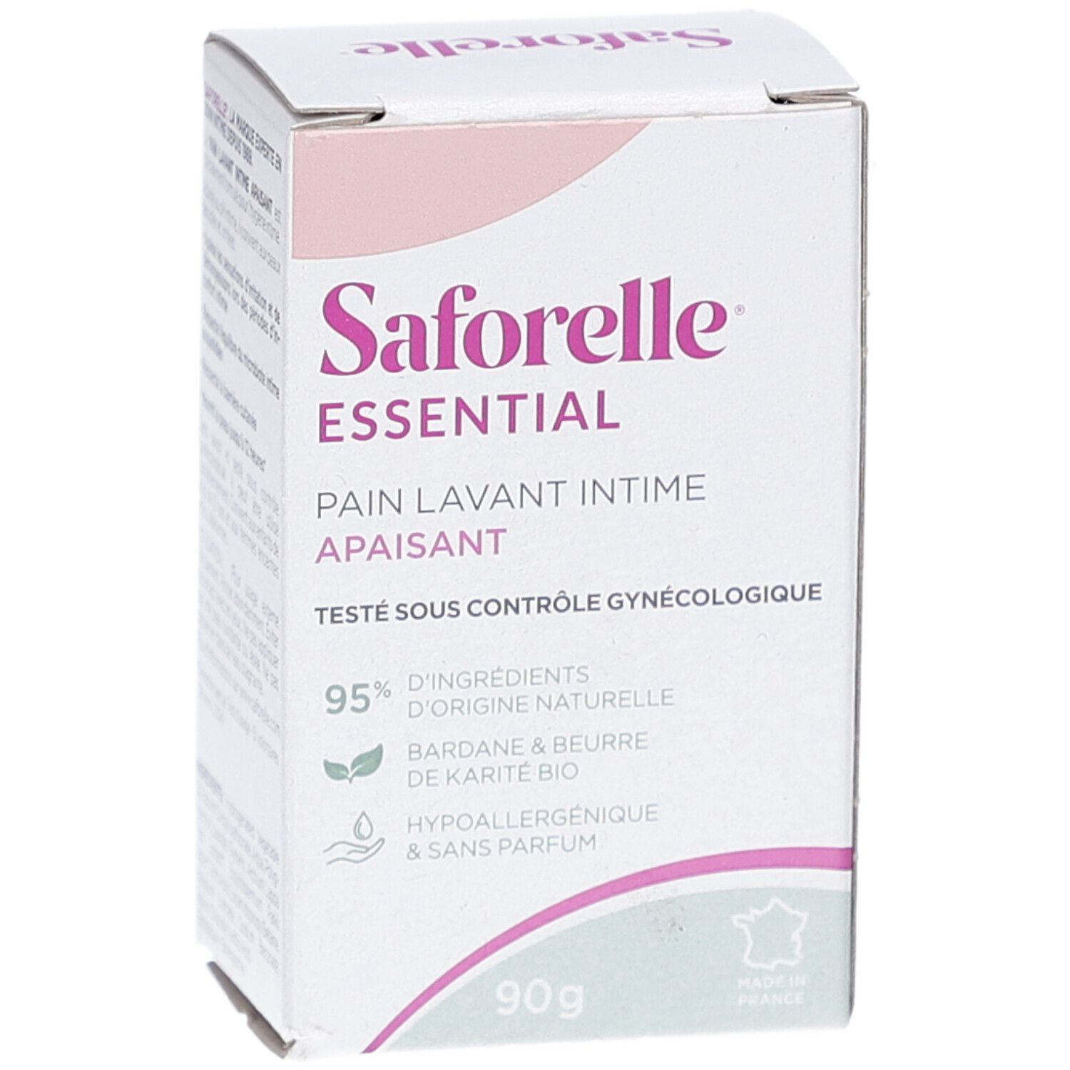 Boîte Saforelle Essential. Carton blanc et rose. Texte: Pain Lavant Intime Apaisant, 90g, 95% ingrédients naturels. Testé sous contrôle gynécologique.