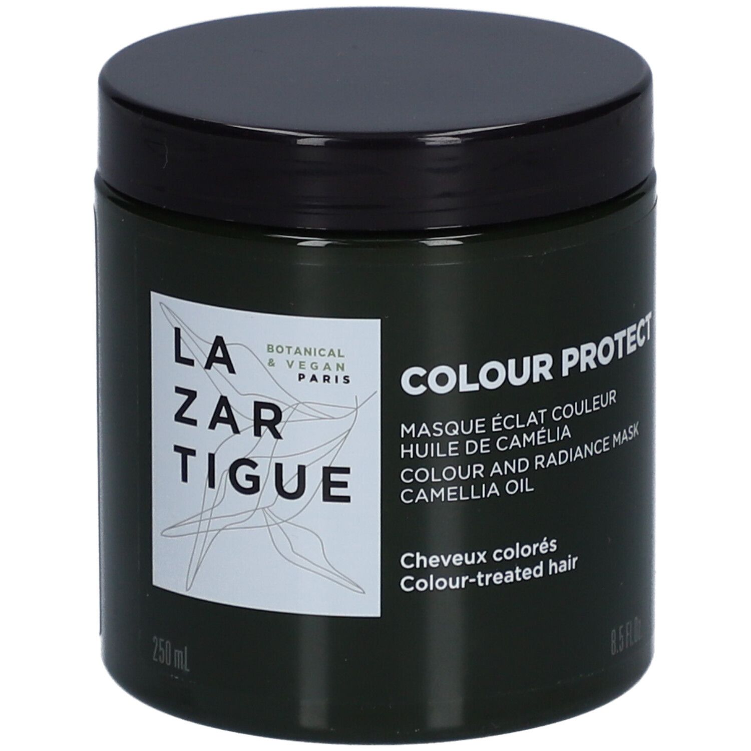 Pot vert foncé avec couvercle noir. Étiquette : LAZARTIGUE, COLOUR PROTECT, 250 ml. Pour cheveux colorés.