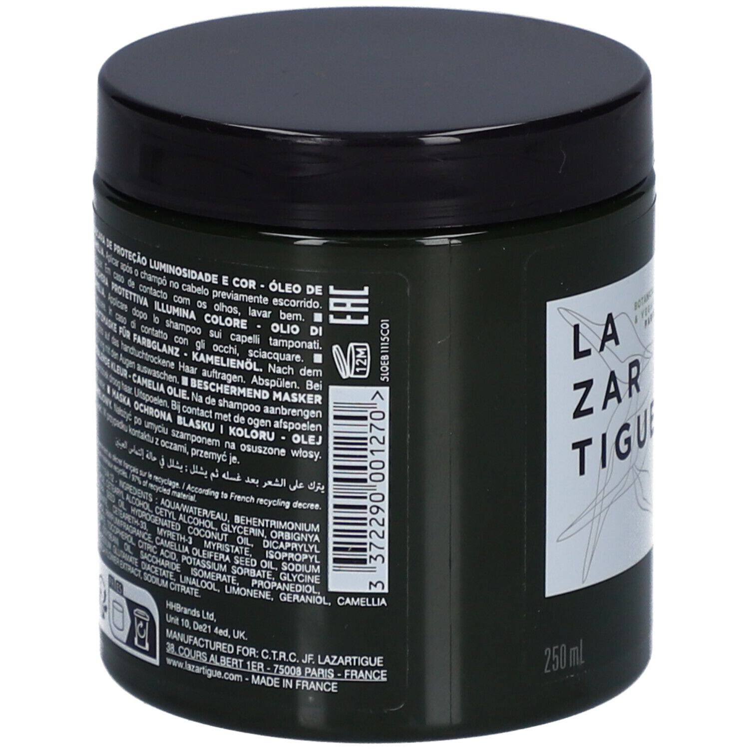 Dos d'un pot vert foncé avec couvercle noir. Texte : LAZARTIGUE, ingrédients, 250 ml.