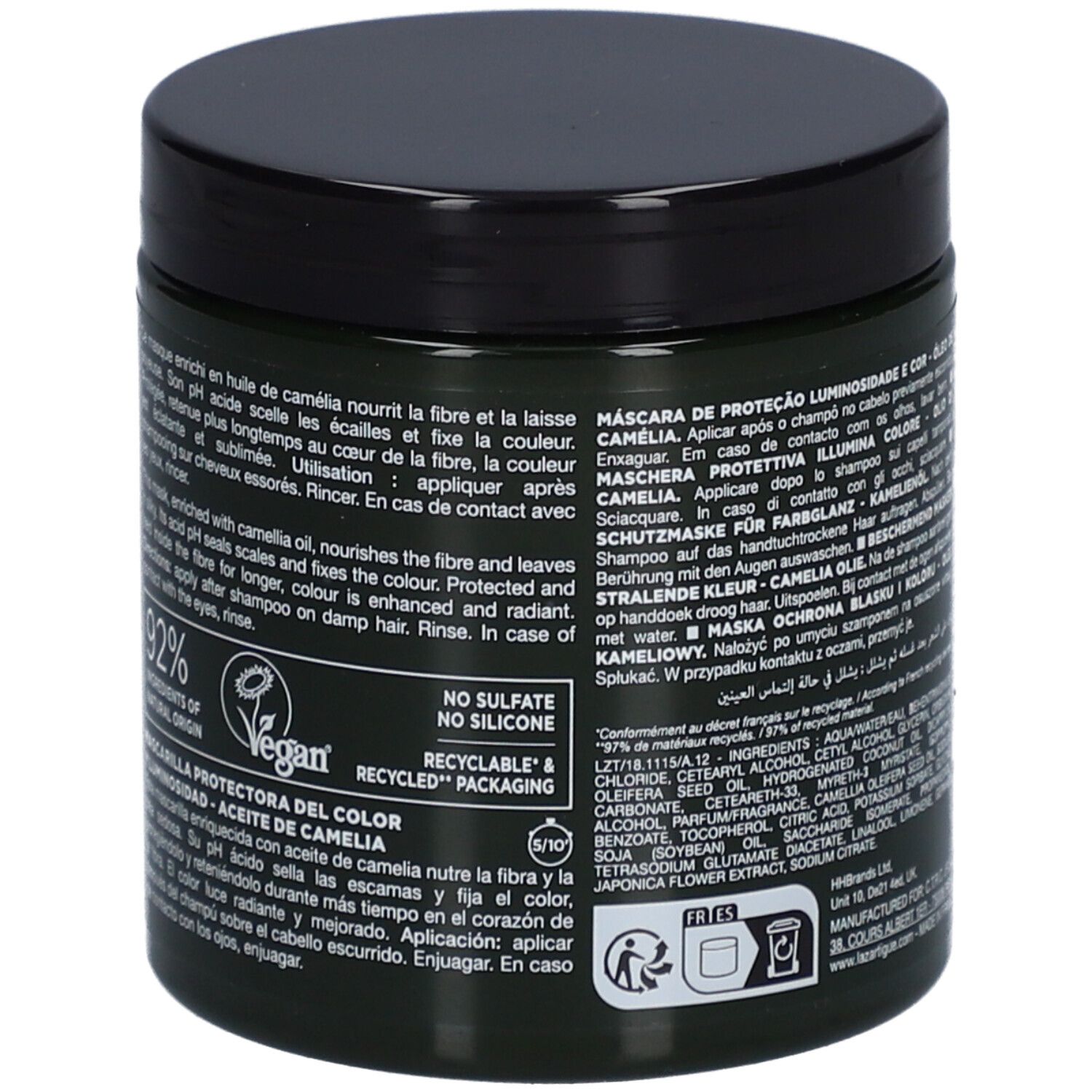 Dos d'un pot vert foncé avec couvercle noir. Texte : 92% ingrédients d'origine naturelle, Vegan.