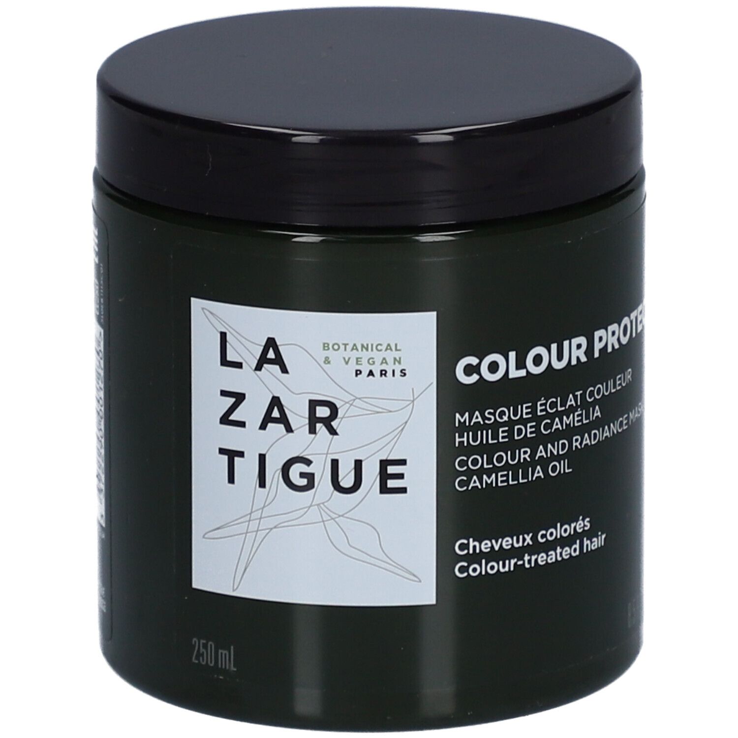 Pot vert foncé avec couvercle noir. Étiquette : LAZARTIGUE, COLOUR PROTECT, 250 ml. Pour cheveux colorés.