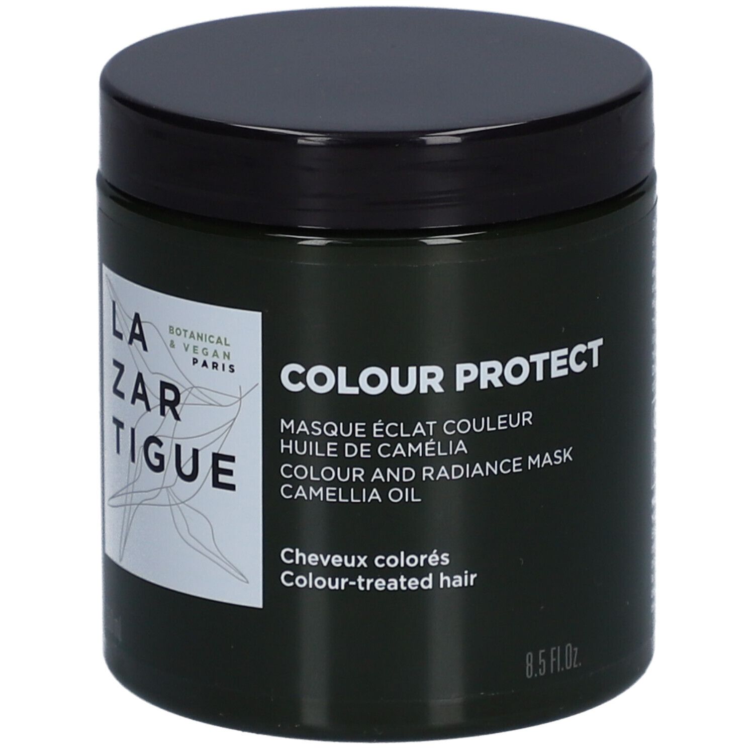Pot vert foncé avec couvercle noir. Étiquette : LAZARTIGUE, COLOUR PROTECT, 8.5 fl.oz. Pour cheveux colorés.