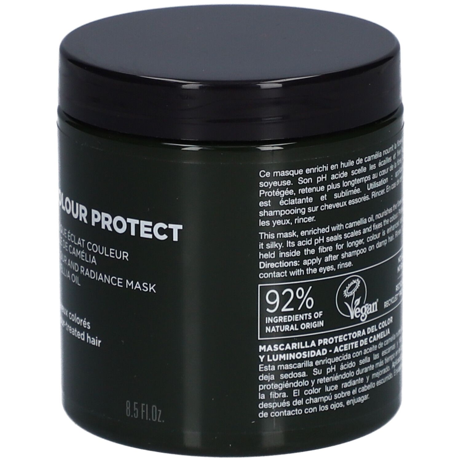 Dos d'un pot vert foncé avec couvercle noir. Texte : 92% ingrédients d'origine naturelle, Vegan, 8.5 fl.oz.