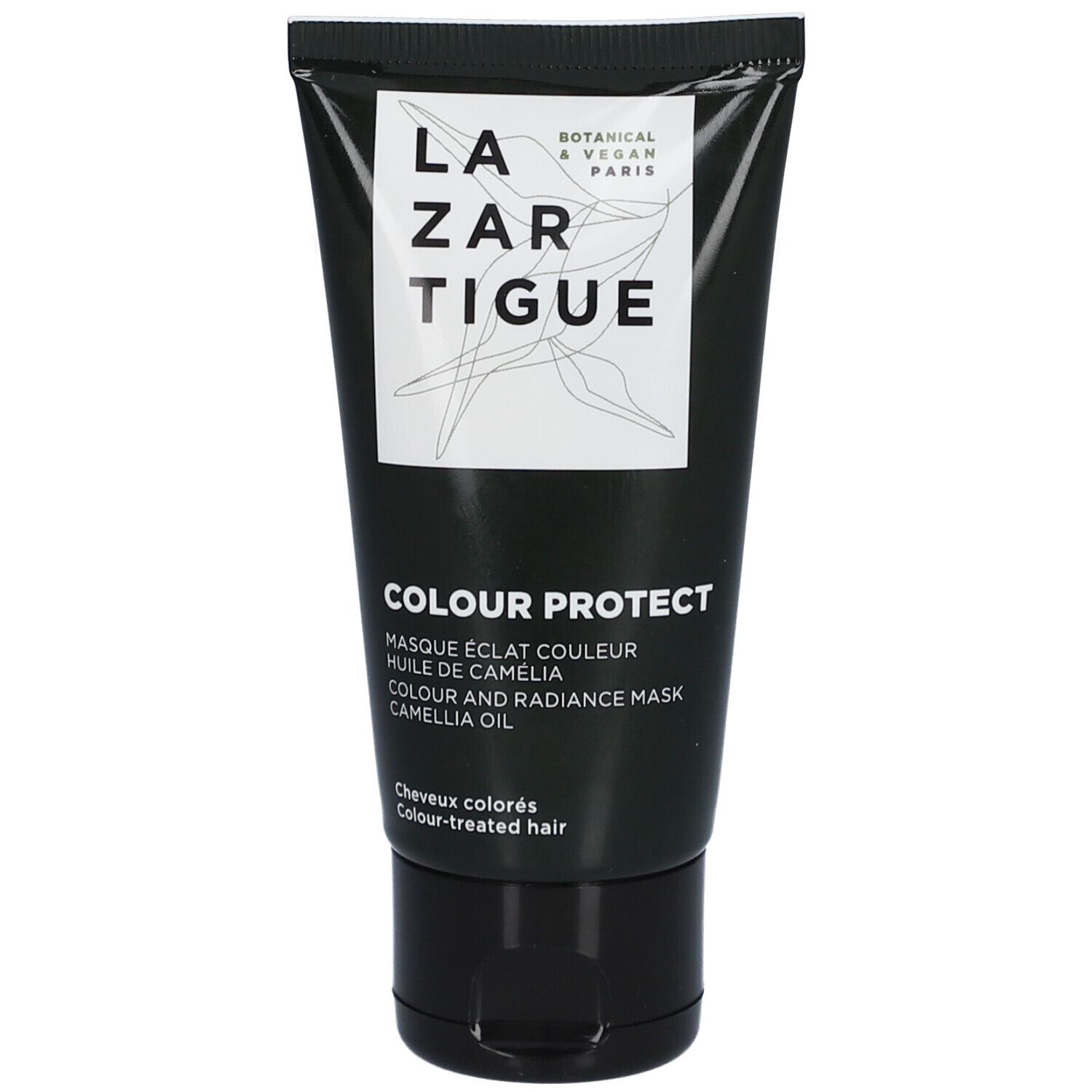 Tube noir avec étiquette blanche. Inscription: Lazartigue, Colour Protect. Pour cheveux colorés.