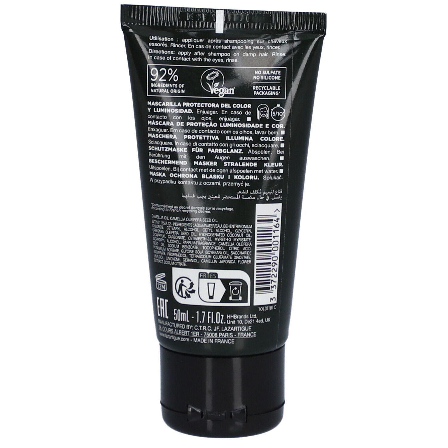 Dos du tube. Texte multilingue. Contient 92% d'ingrédients d'origine naturelle. Vegan.