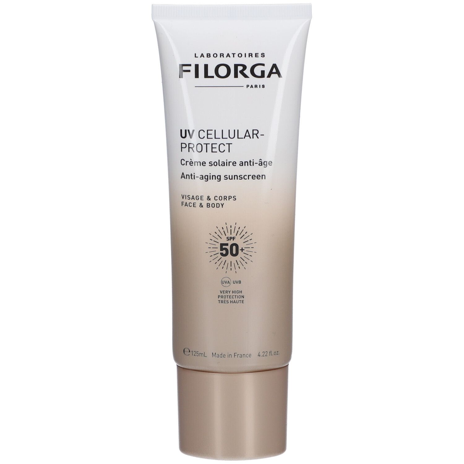 Tube de crème blanc. Inscriptions: FILORGA, UV CELLULAR-PROTECT, Crème solaire anti-âge, SPF 50+. Visage & corps.