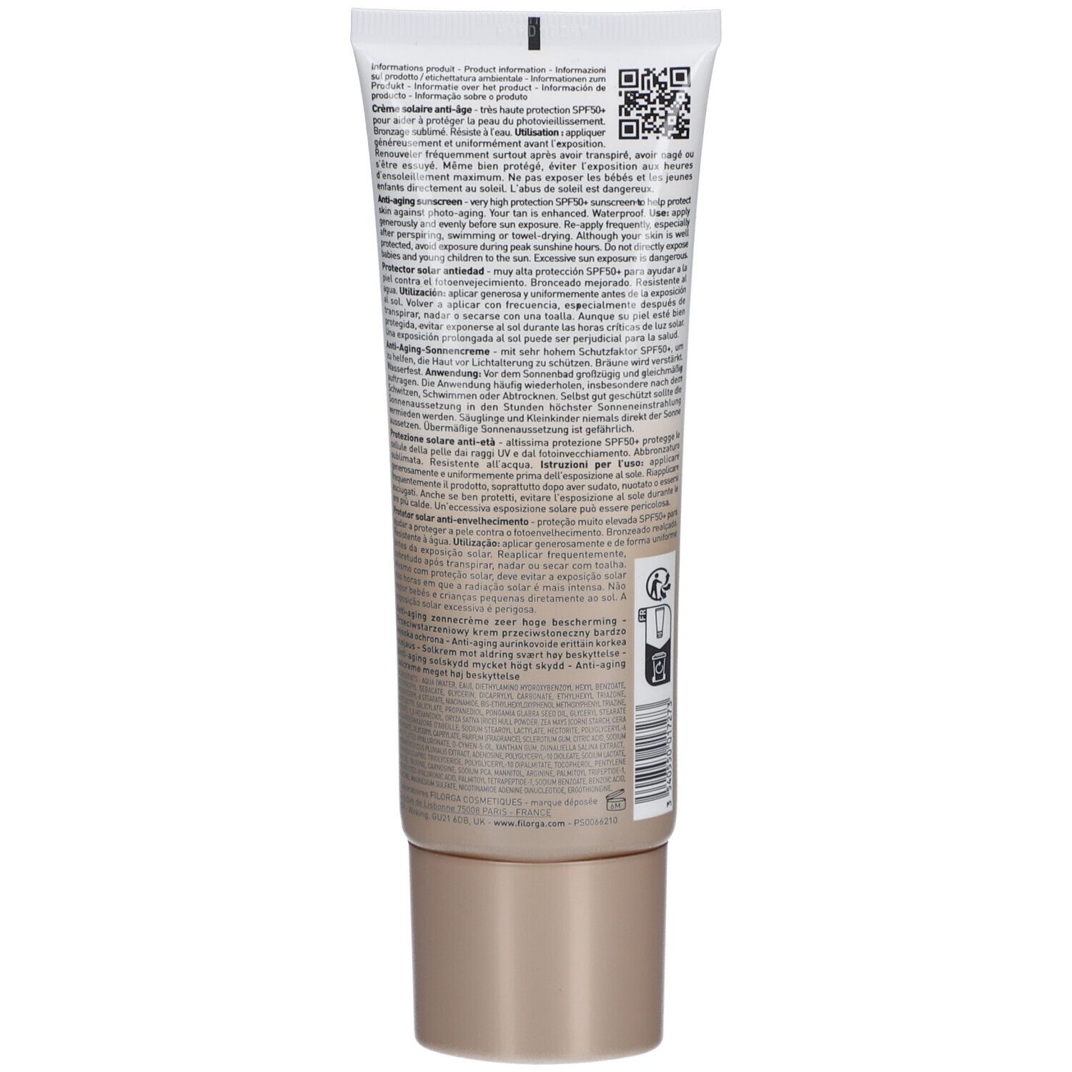 Dos d'un tube de crème. Texte multilingue. Dégradé blanc/beige. Bouchon beige.