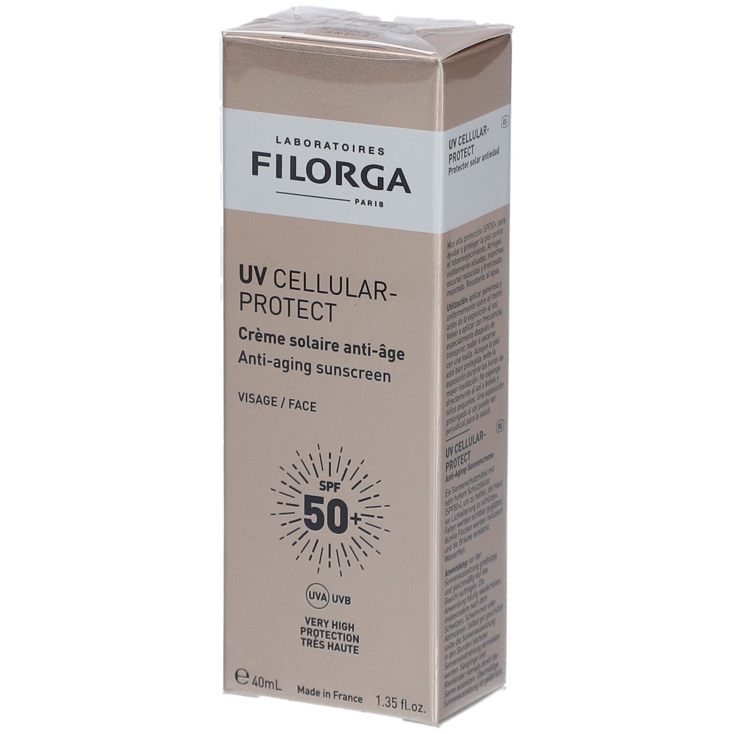 Boîte de crème solaire Filorga UV Cellular Protect. SPF 50+. Emballage beige avec informations et logo.