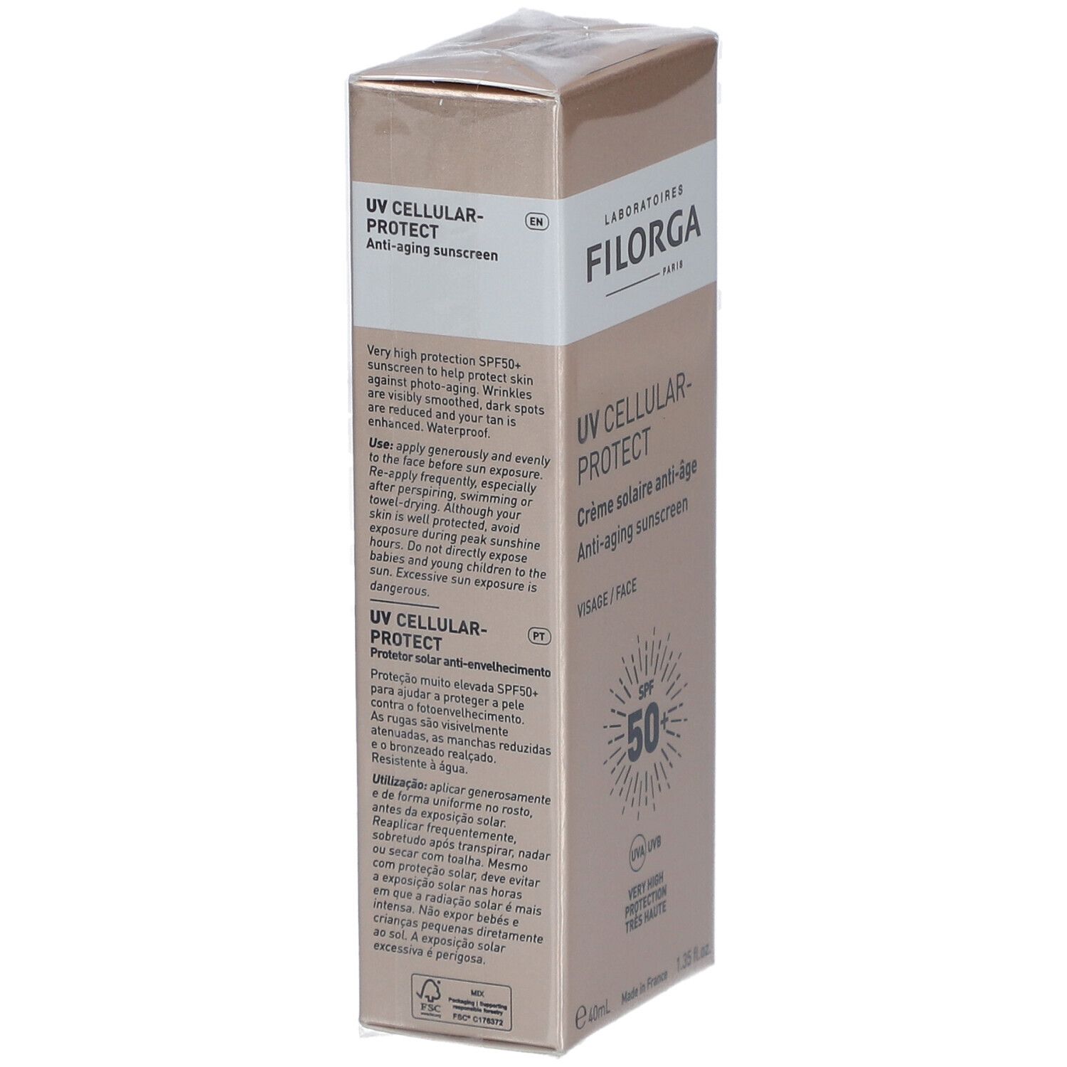 Emballage Filorga UV Cellular Protect. Texte en anglais et portugais. SPF 50+ et informations produit.