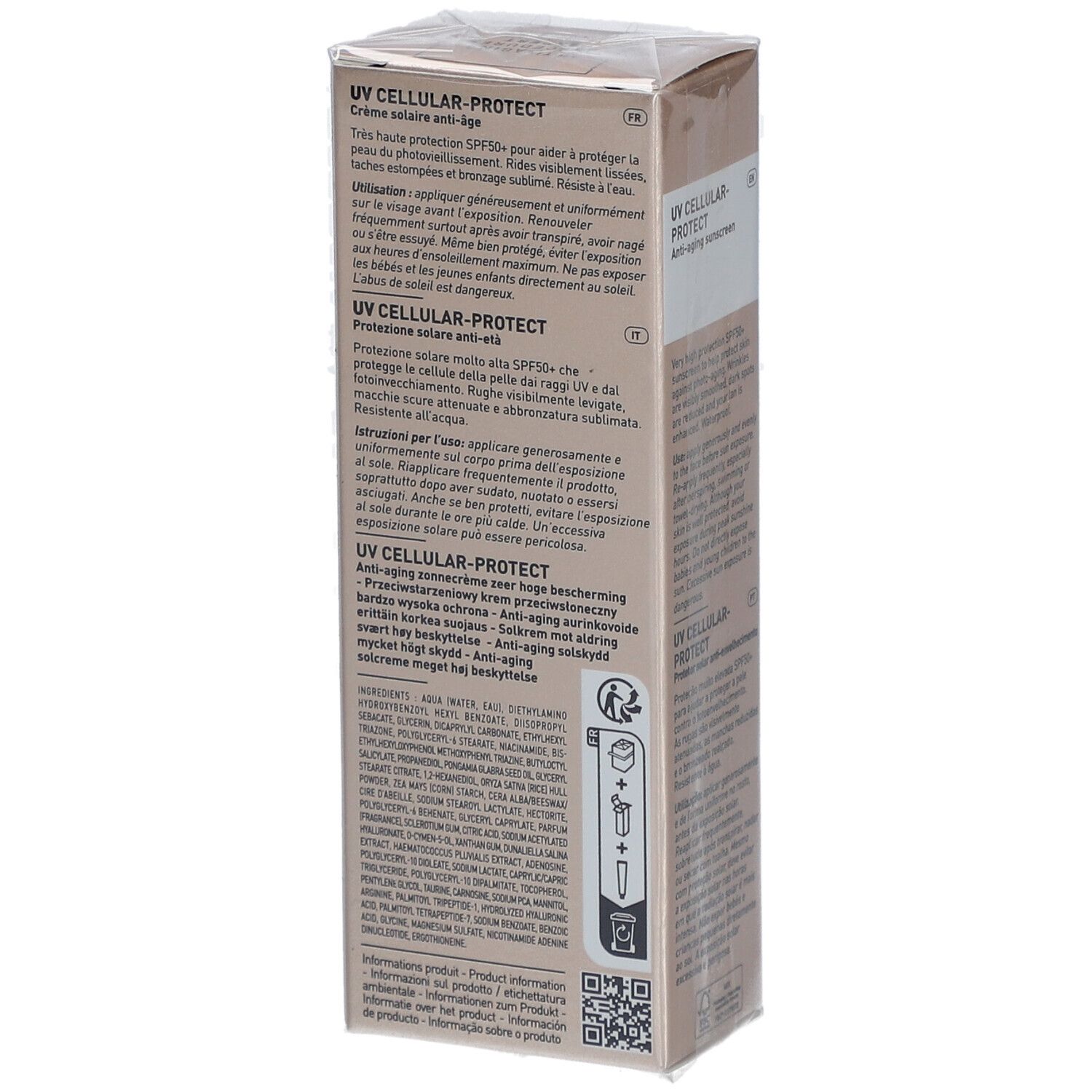 Emballage Filorga UV Cellular Protect. Texte en français, italien et néerlandais. Ingrédients et QR code.