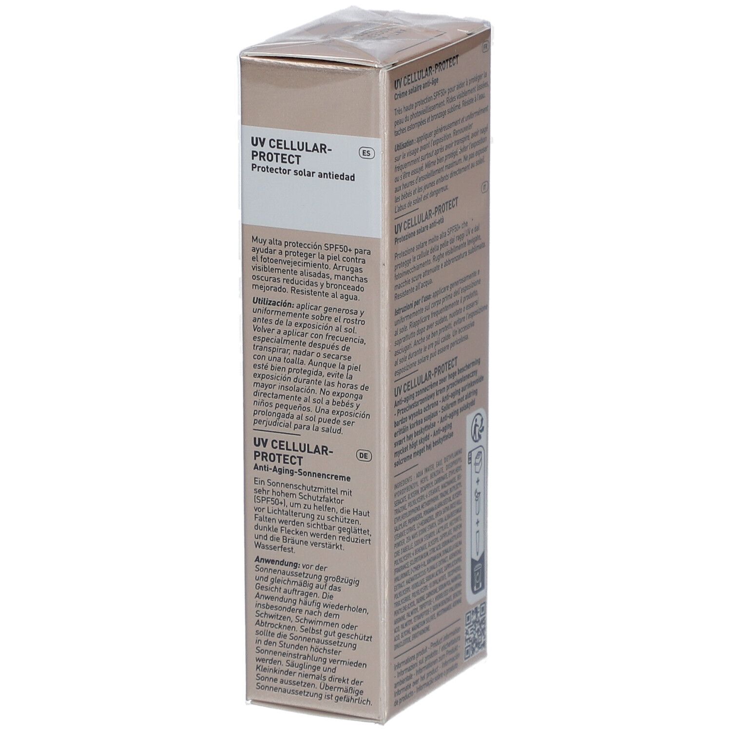 Emballage Filorga UV Cellular Protect. Texte en espagnol et allemand. SPF 50+ et informations produit.