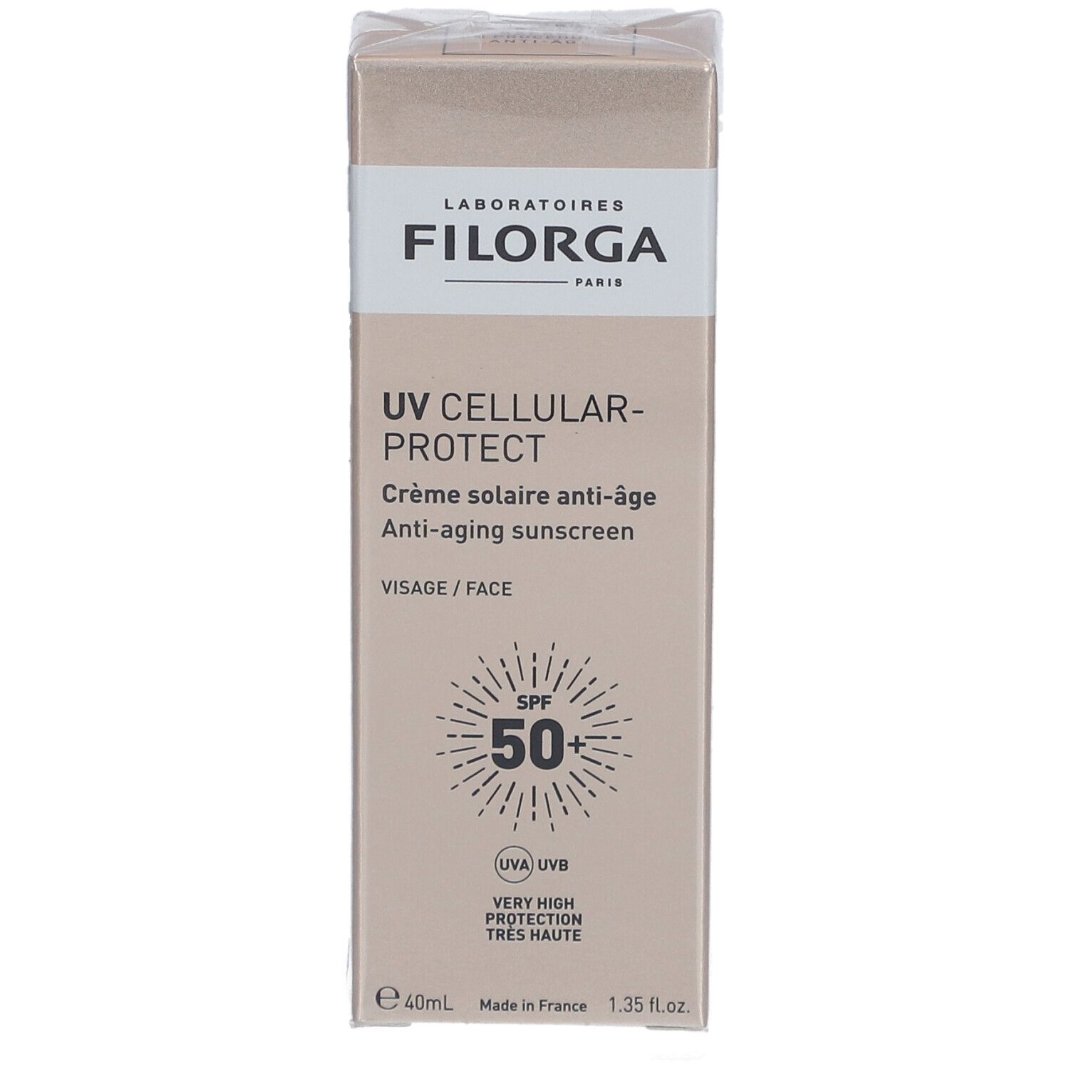 Boîte de crème solaire Filorga UV Cellular Protect. SPF 50+. Emballage beige avec informations et logo.