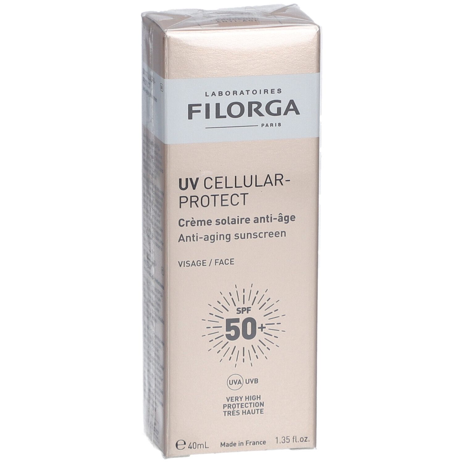 Boîte de crème solaire Filorga UV Cellular Protect. SPF 50+. Emballage beige avec informations et logo.