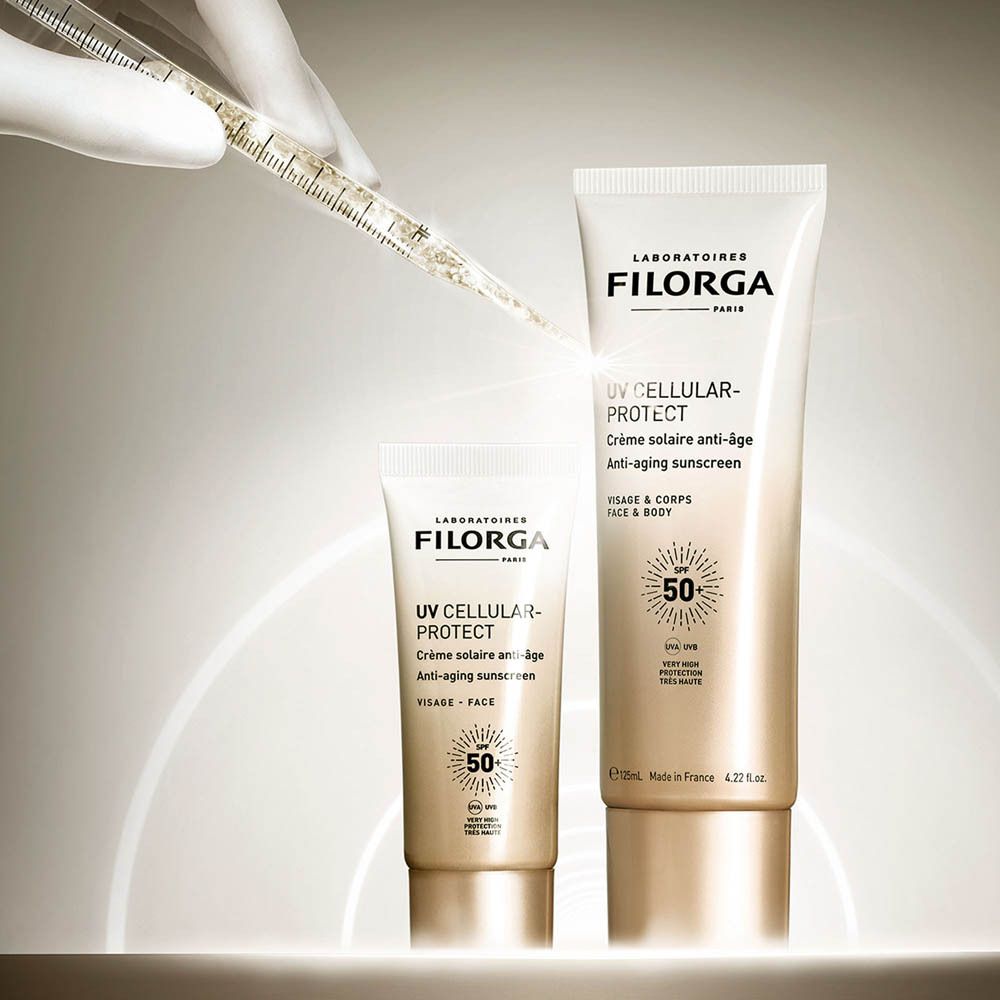 Filorga UV-Cellular Protect. Deux tubes, une seringue. Nom de la marque et du produit visibles.