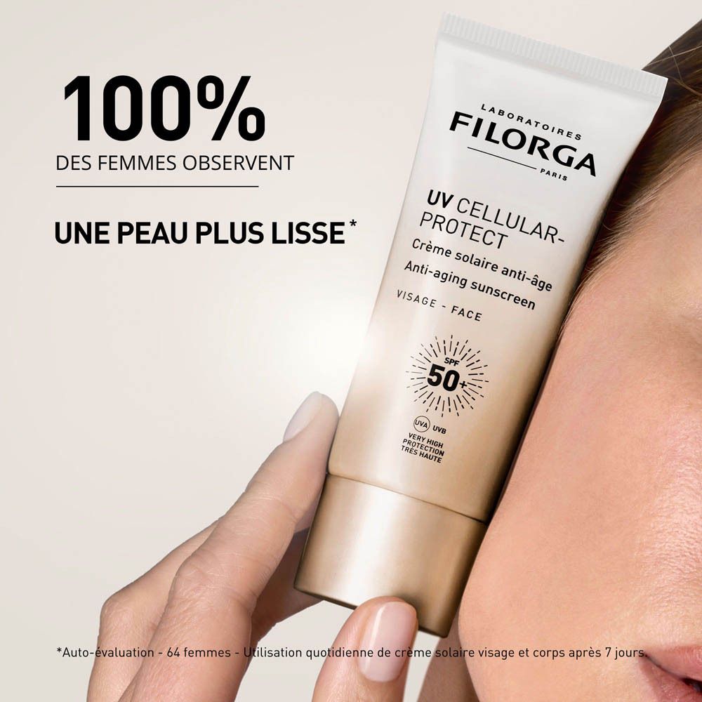 Filorga UV-Cellular Protect. Application sur le visage. Texte: Une peau plus lisse.