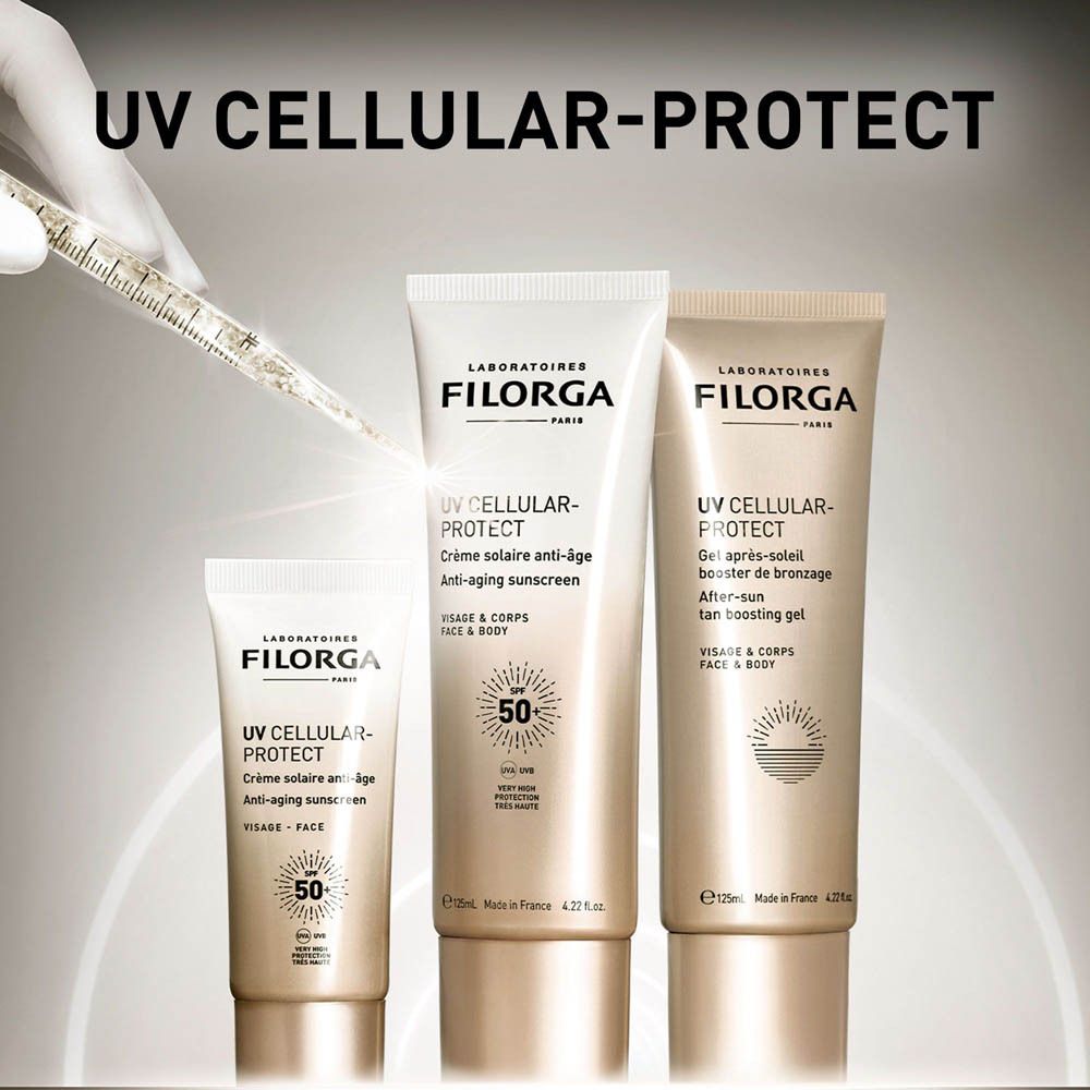 Filorga UV-Cellular Protect. Trois tubes. Nom de la marque et du produit visibles.