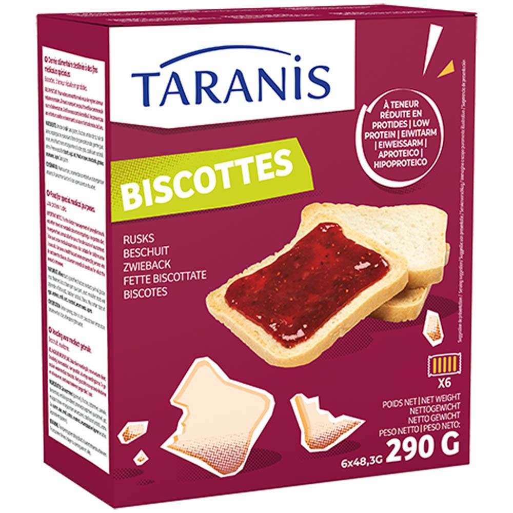 Boîte de Biscottes Taranis. Emballage rouge avec nom du produit et images de biscottes avec confiture. Contient 6 paquets.