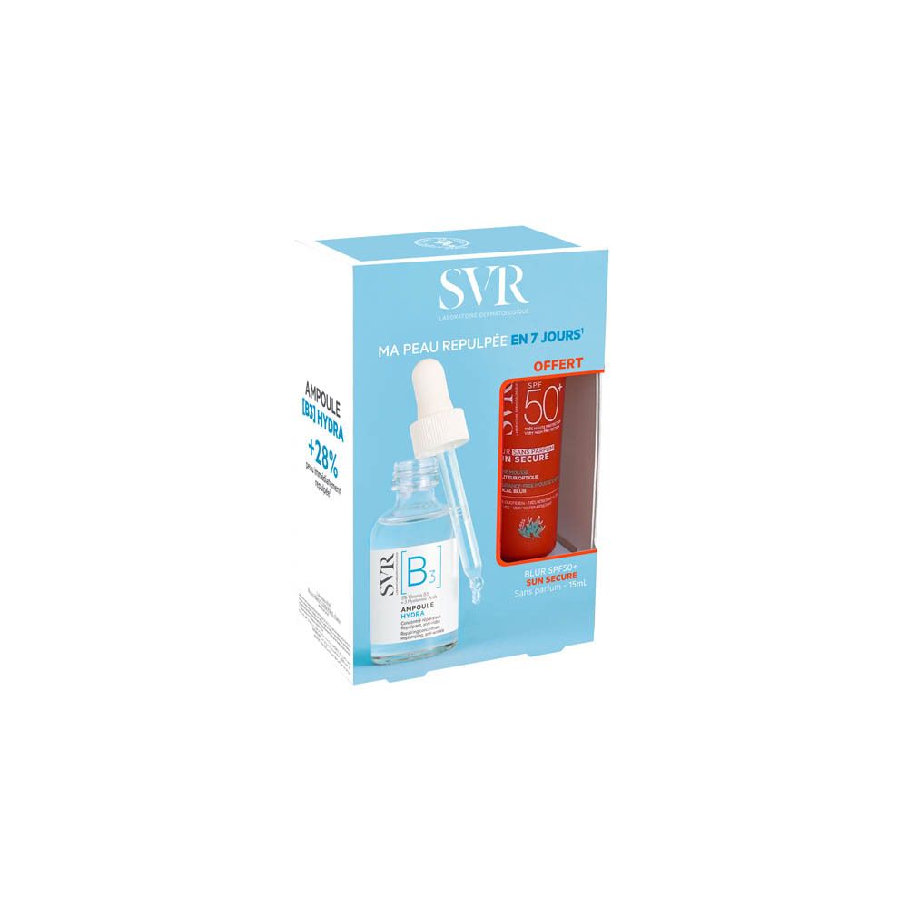 Coffret promotionnel SVR. Flacon de sérum et tube de crème solaire. Emballage orange avec texte 'Ma peau plus éclatante'.