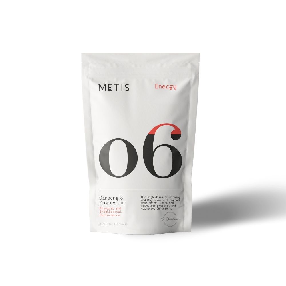 Sachet Metis Energy 06. '06' noir sur fond blanc. Texte: 'Energy'. Ginseng & Magnésium. Vegan.