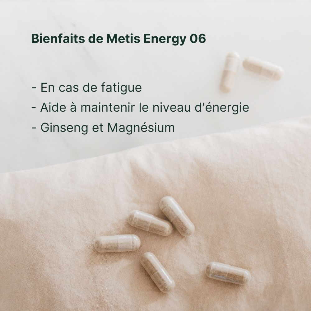Gélule avec ginseng, magnésium, vitamine B6 et B12. Sur fond clair. Légendes.