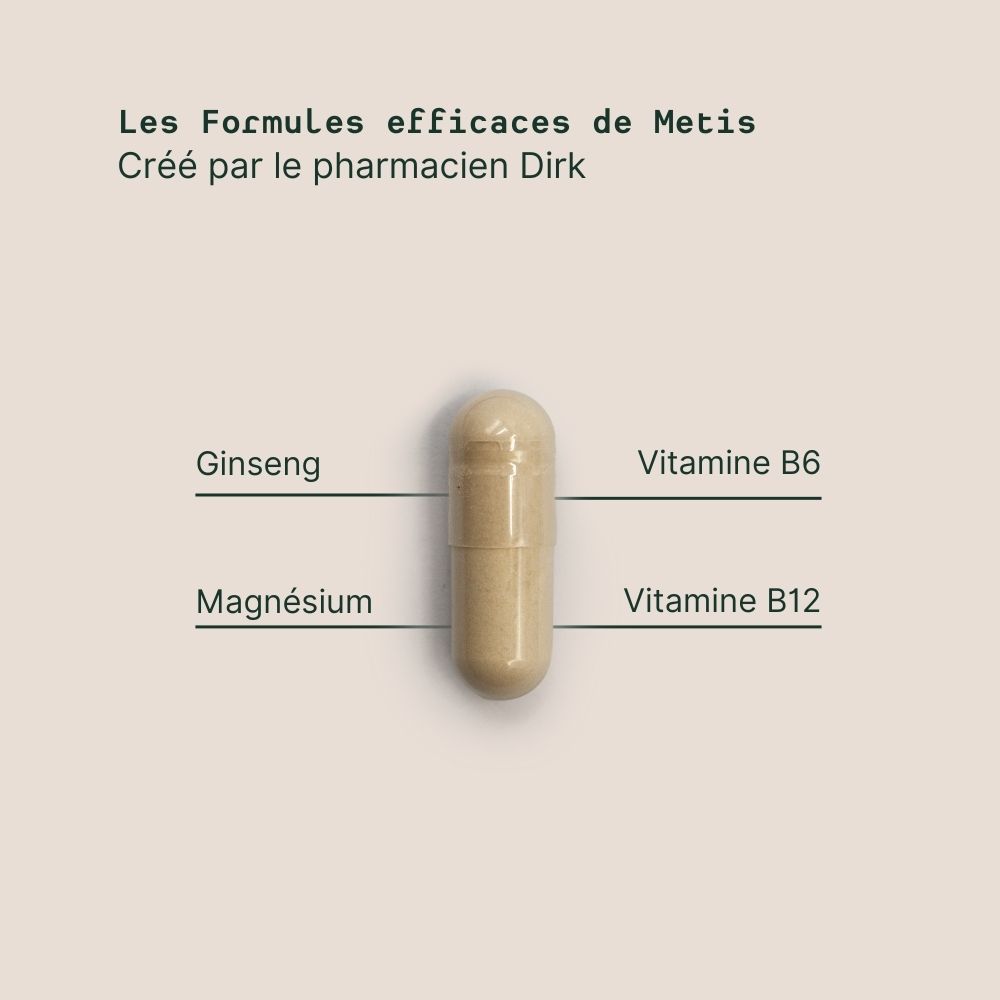Gélule avec ginseng, magnésium, vitamine B6 et B12. Sur fond clair. Légendes.