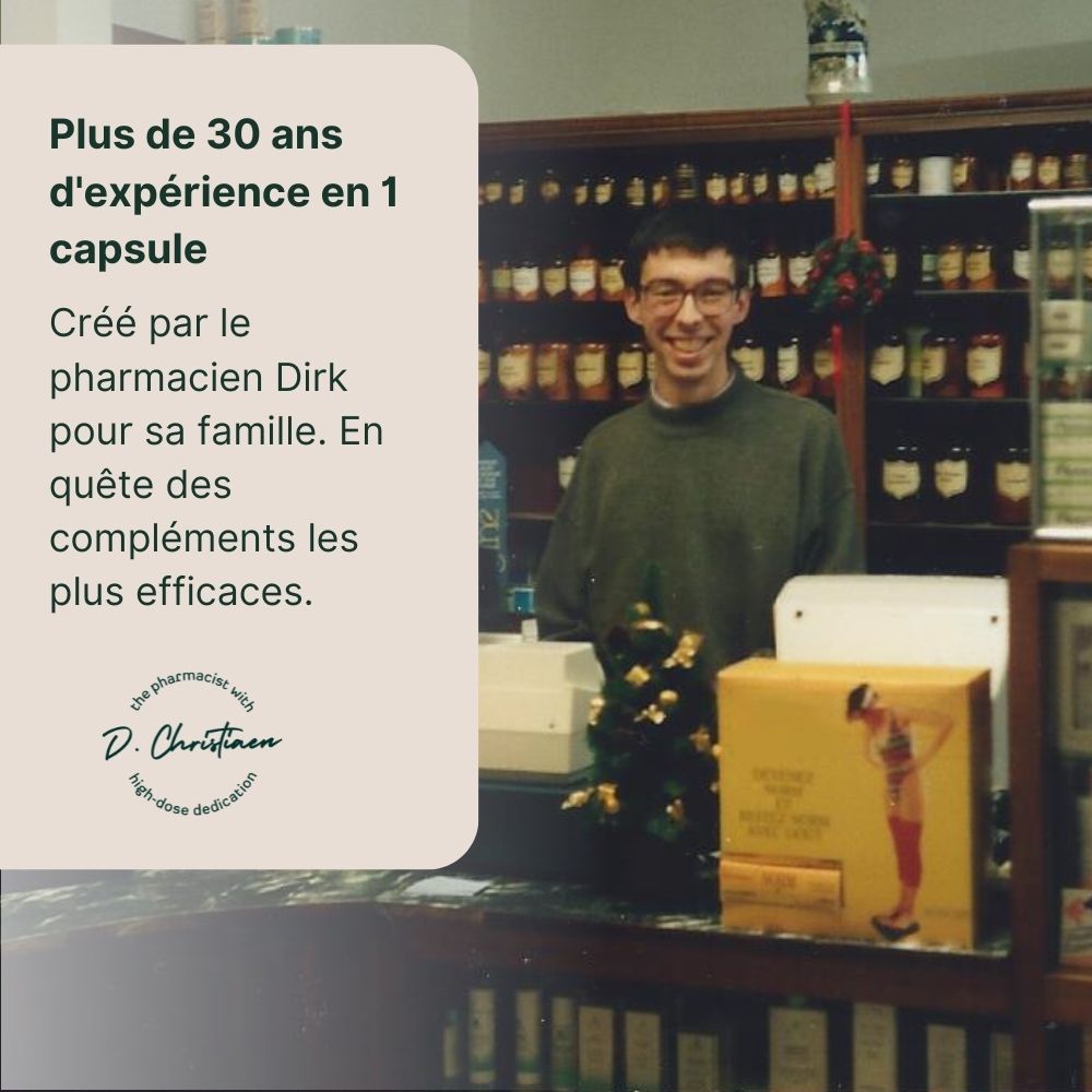 Photo d'un pharmacien dans une boutique. Texte: 'Plus de 30 ans d'expérience en 1 capsule'.