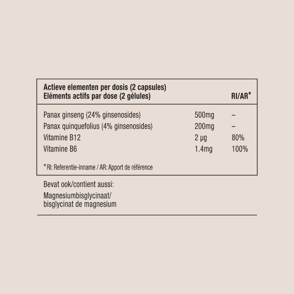 Tableau nutritionnel avec ingrédients et apports de référence. Contient du ginseng, de la vitamine B6 et B12.