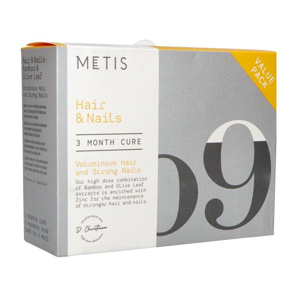 Boîte grise et jaune. Inscription : METIS Hair & Nails, 3 Month Cure, 09. Contient des extraits de bambou et de feuilles d'olivier.