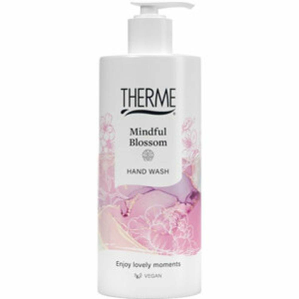 Flacon blanc avec pompe. Inscription: Therme, Mindful Blossom, Hand Wash. Motif floral. Vegan.