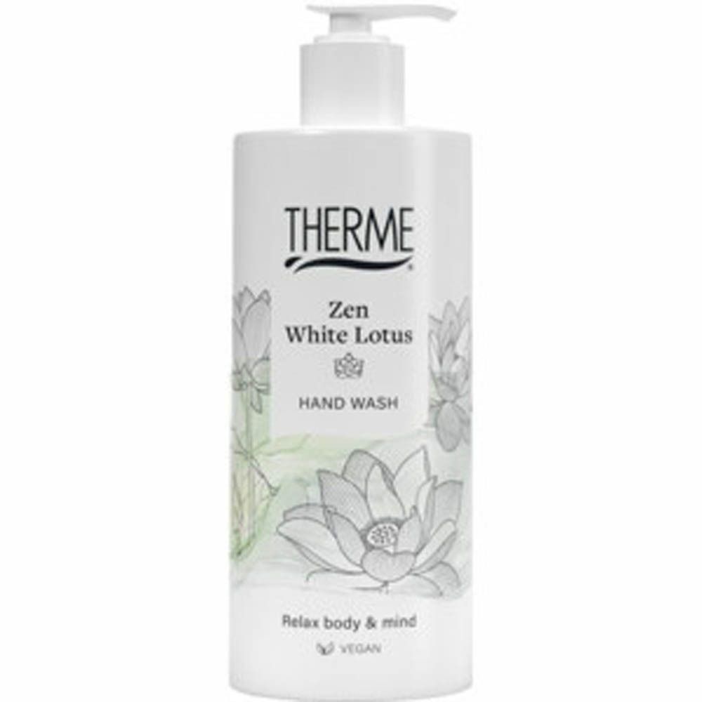 Flacon blanc avec pompe. Inscription: THERME, Zen White Lotus, Hand Wash. Illustrations florales.