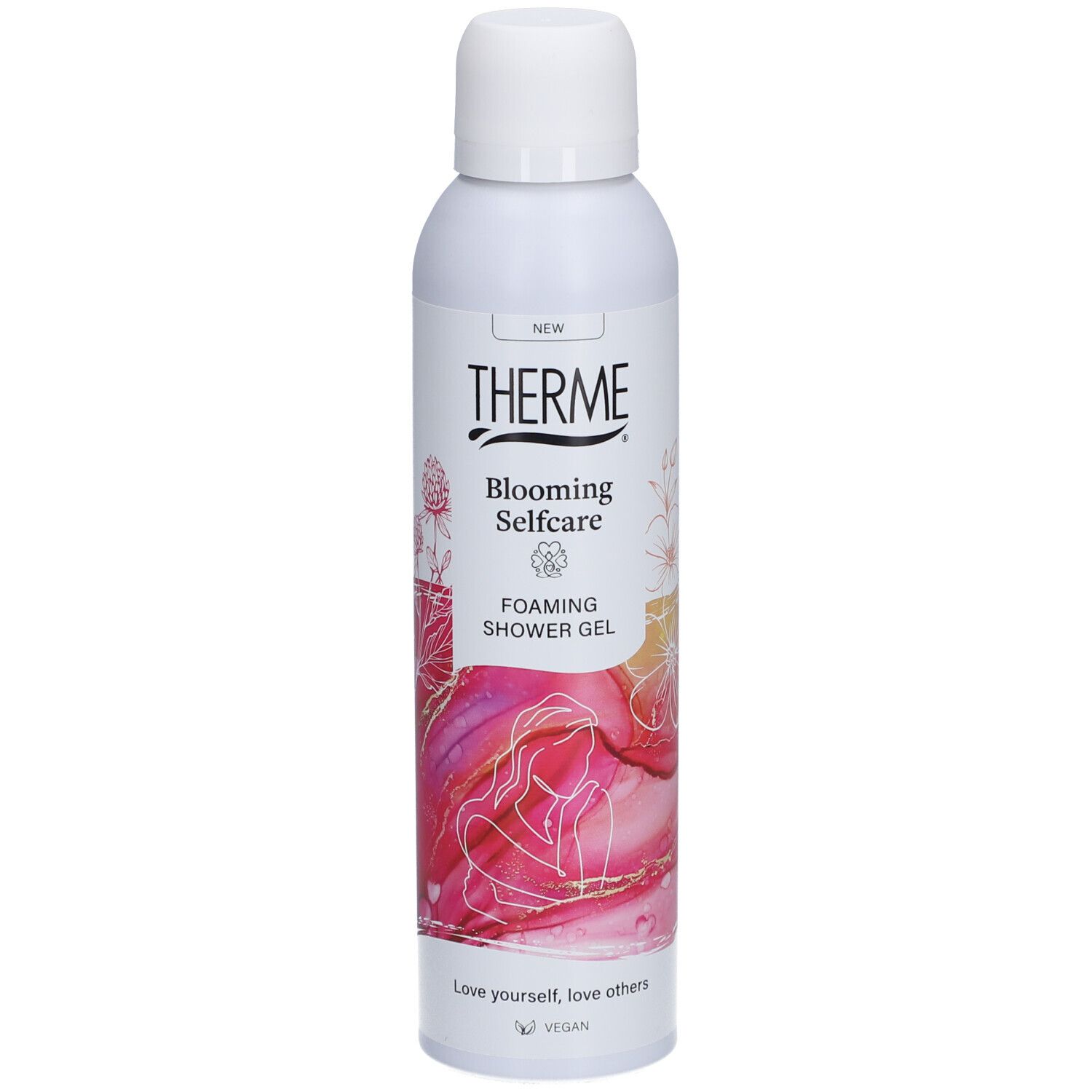Flacon blanc THERME Blooming Selfcare Foaming Shower Gel. Graphisme rose et blanc. Logo végan.