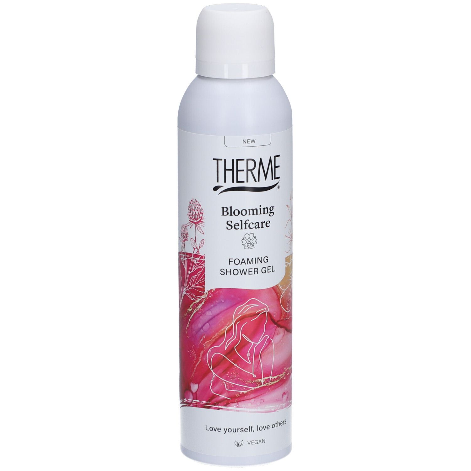 Flacon blanc THERME Blooming Selfcare Foaming Shower Gel. Graphisme rose et blanc. Logo végan.