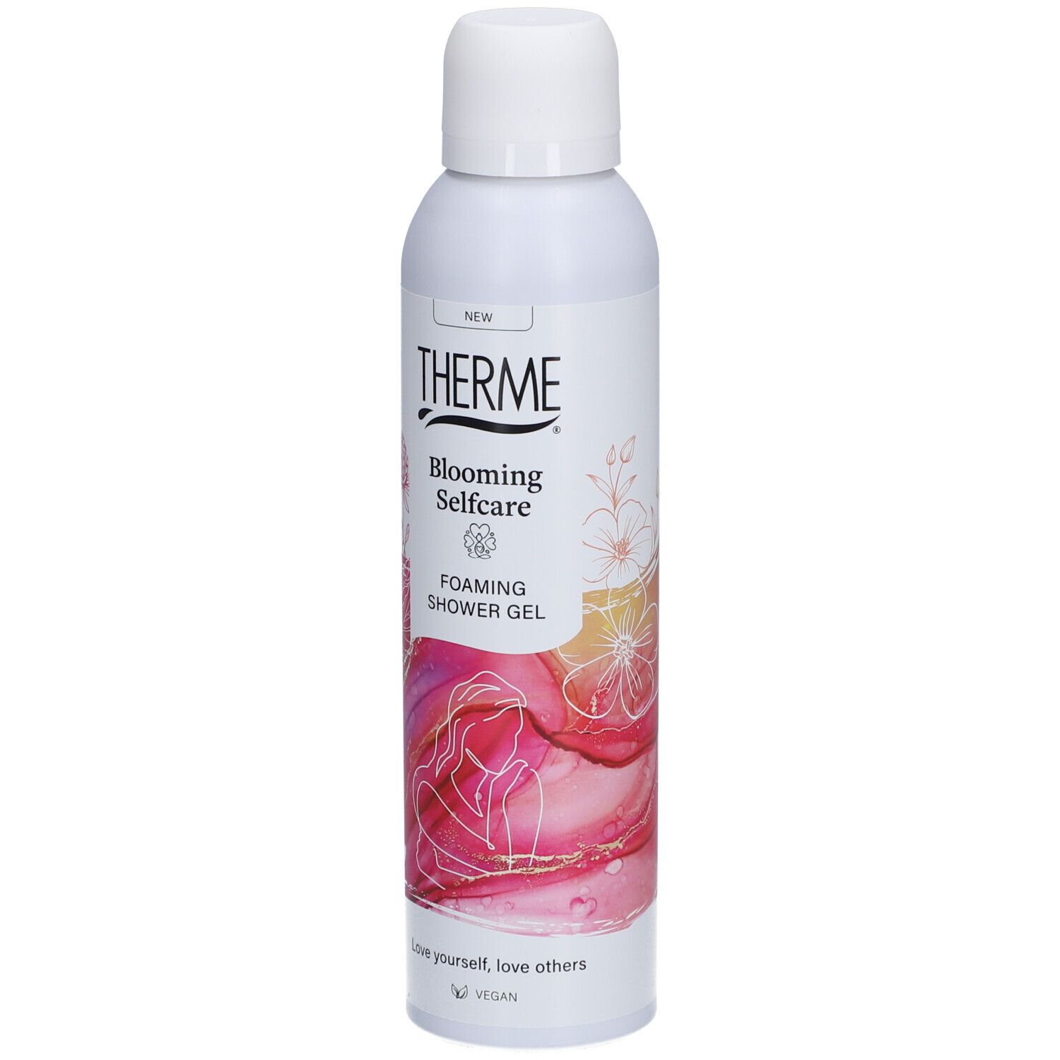 Flacon blanc THERME Blooming Selfcare Foaming Shower Gel. Graphisme rose et blanc. Logo végan.