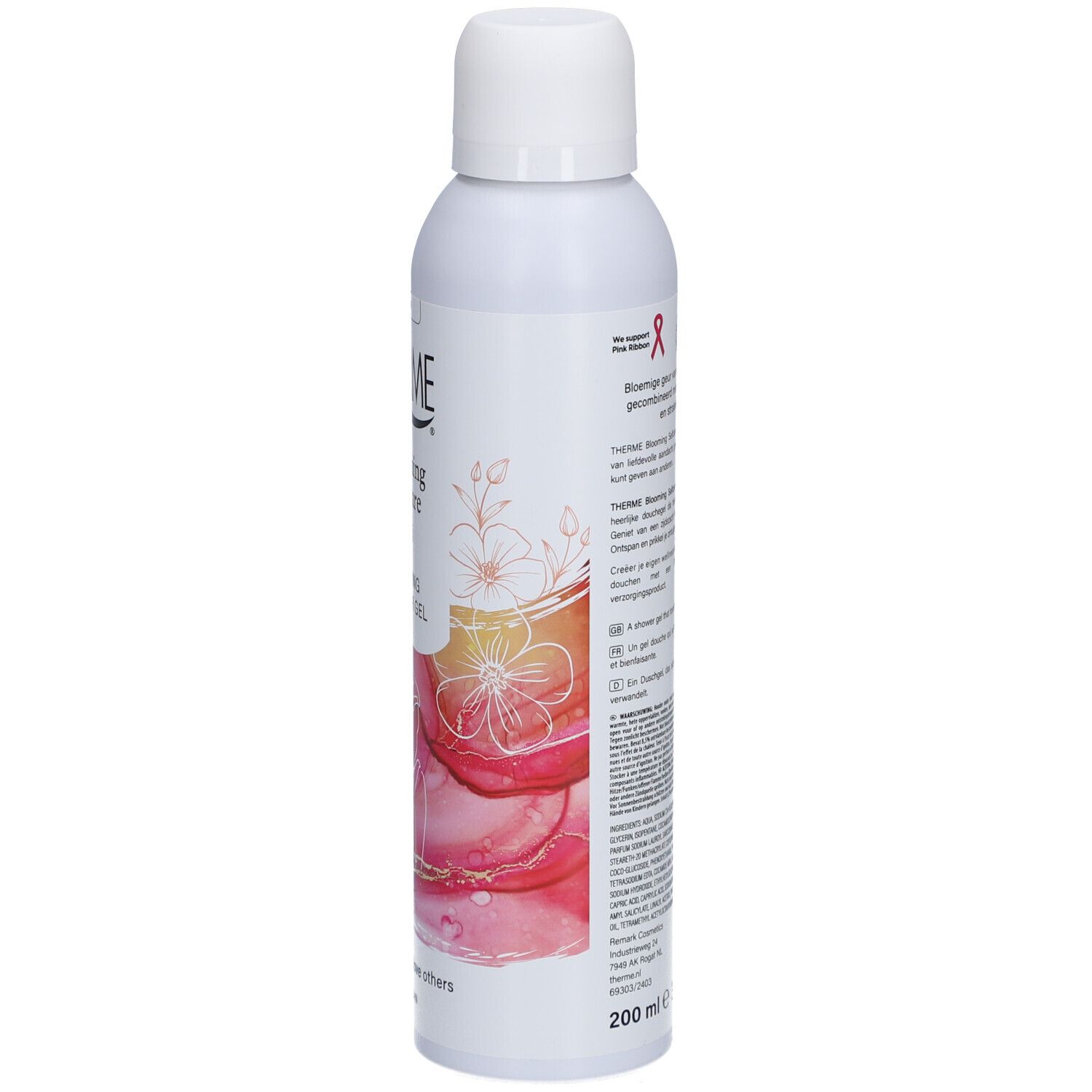 Flacon blanc THERME Blooming Selfcare. Dos avec texte et graphisme rose. 200 ml. Logo végan.