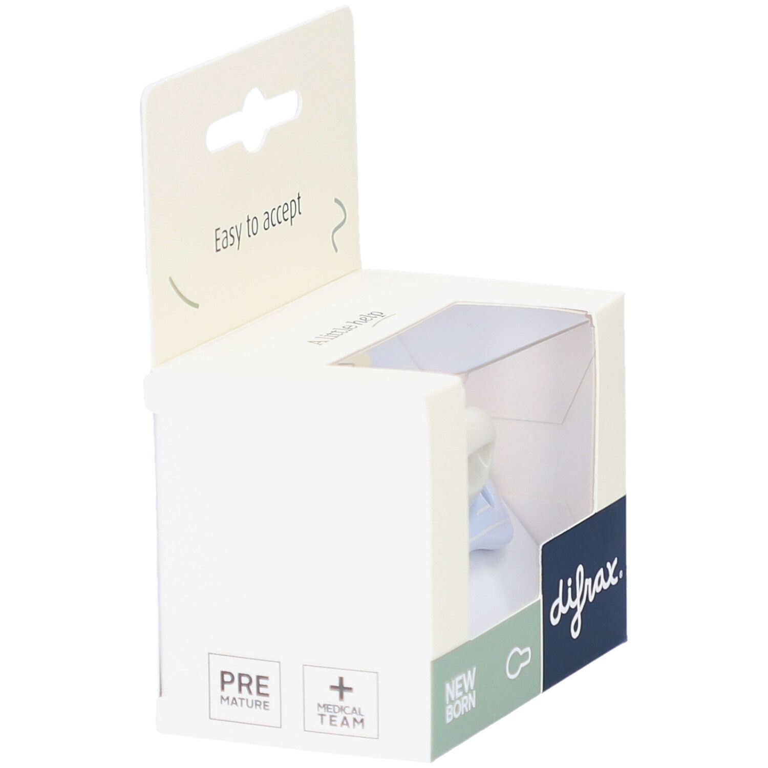 Emballage avec sucette bleue. Marque Difrax. Texte: Easy to accept, Premature, Newborn.
