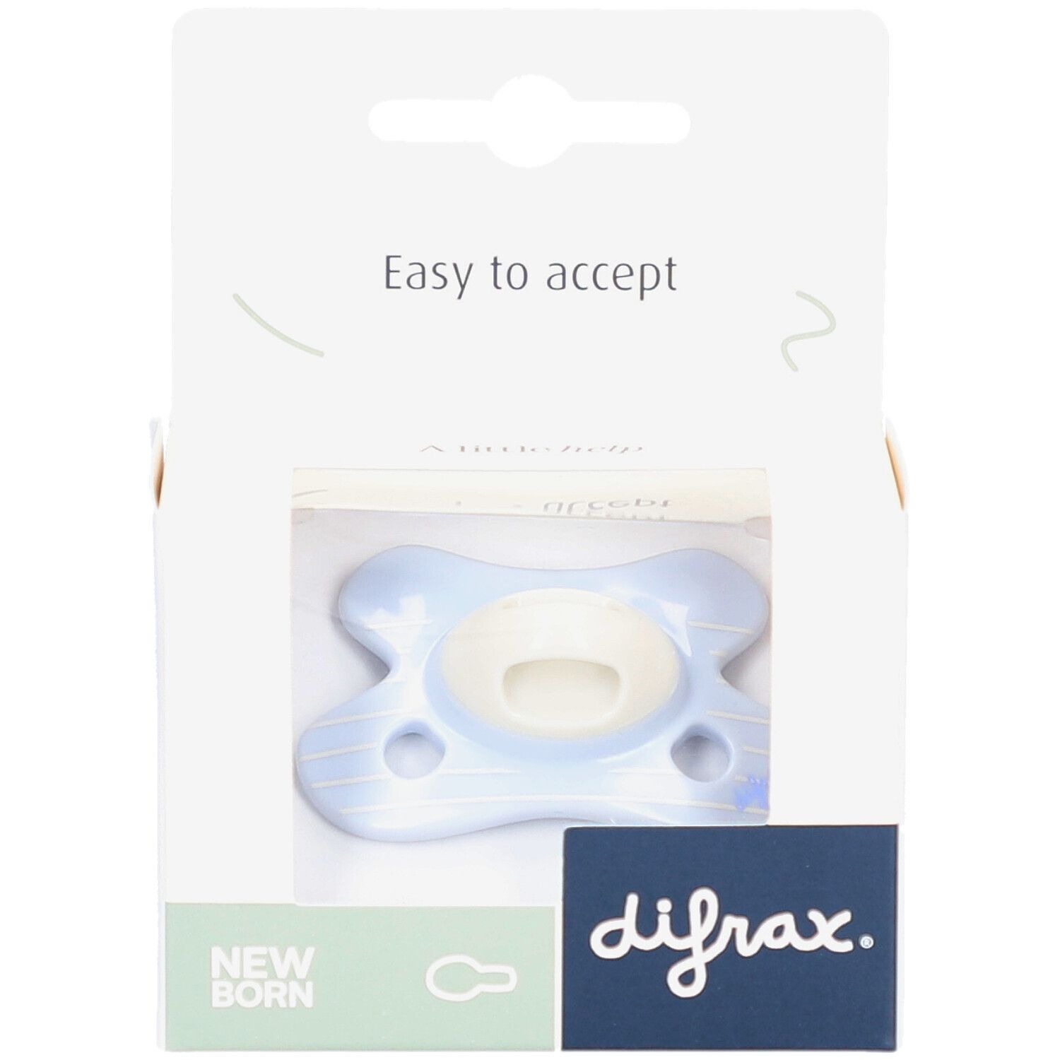 Sucette bleue dans son emballage. Marque Difrax. Texte: Easy to accept, Newborn.