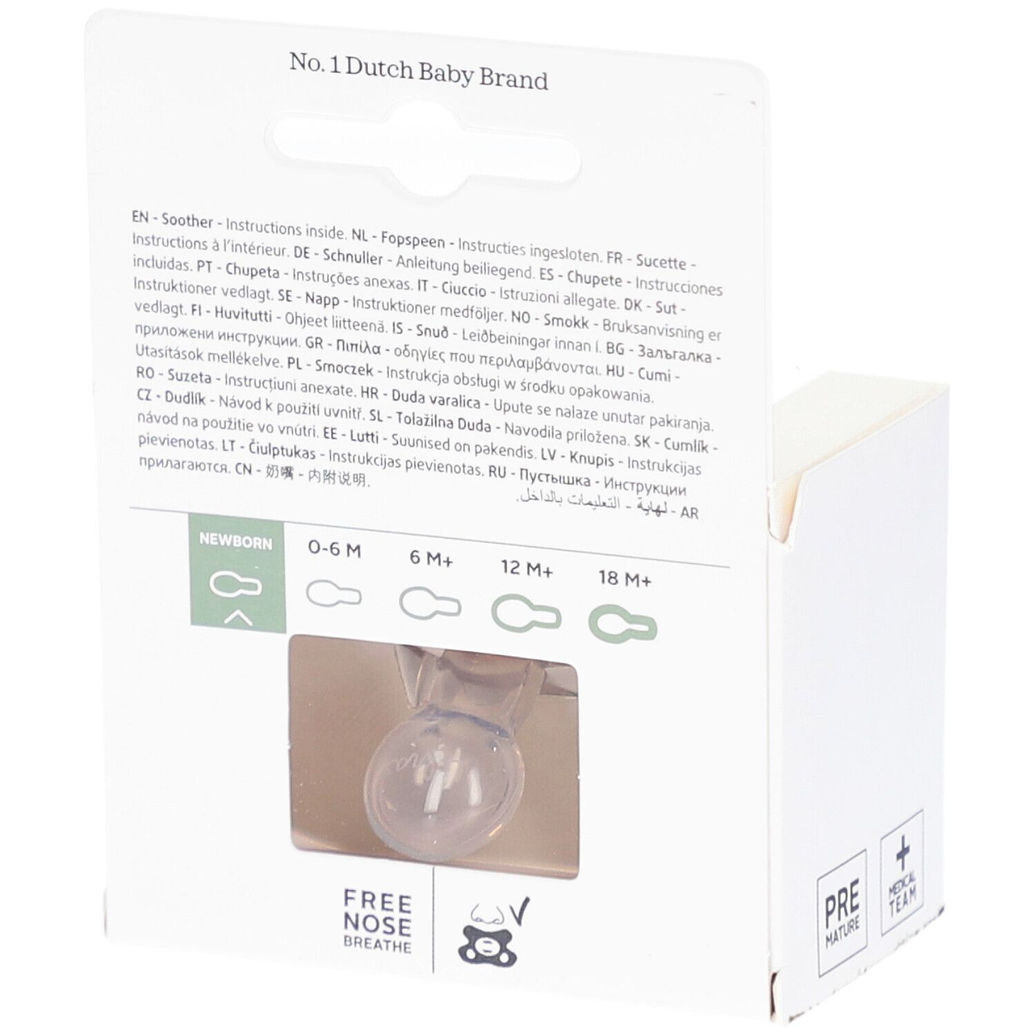 Dos de l'emballage. Sucette visible. Inscription : No. 1 Dutch Baby Brand, Newborn, Free Nose Breathe.