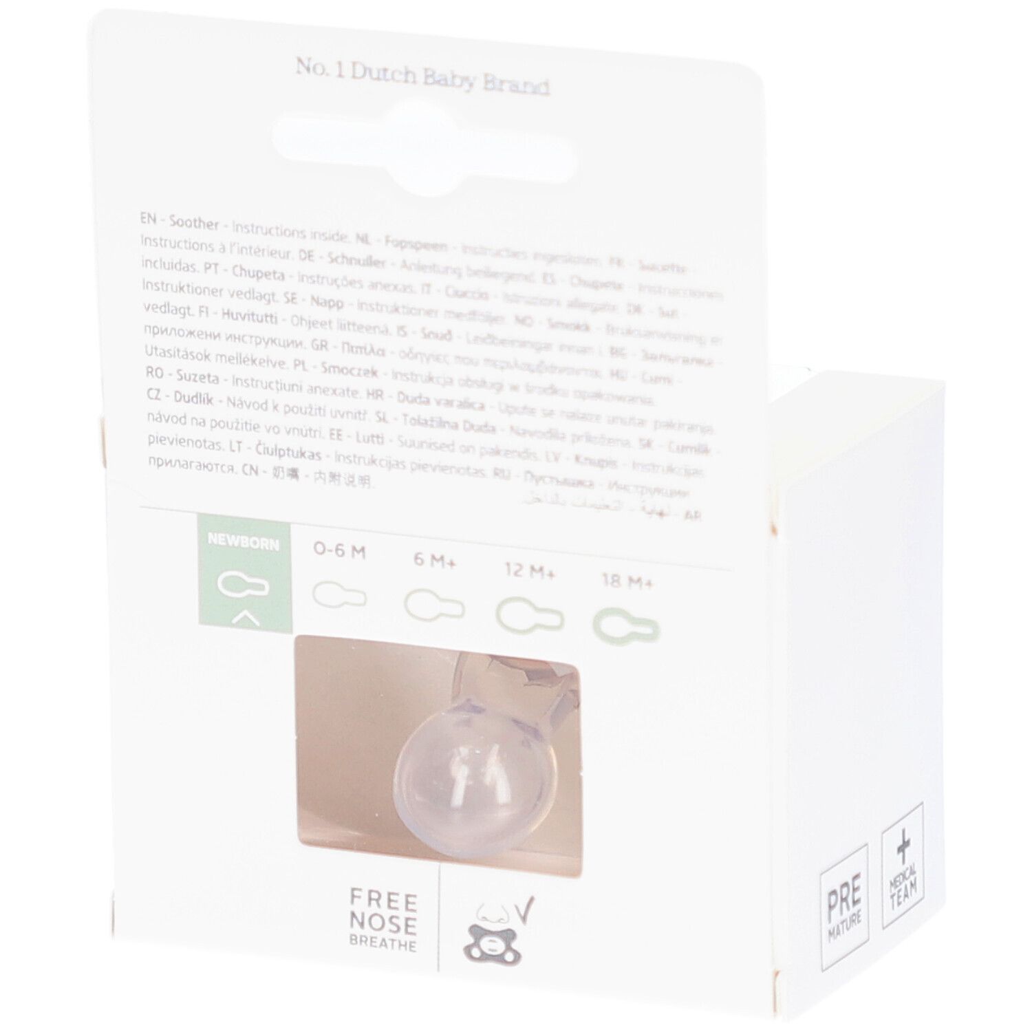 Dos de l'emballage. Texte : New Born, 0-6M, 6M+, 12M+, 18M+. Marque : Free Nose Breathe.