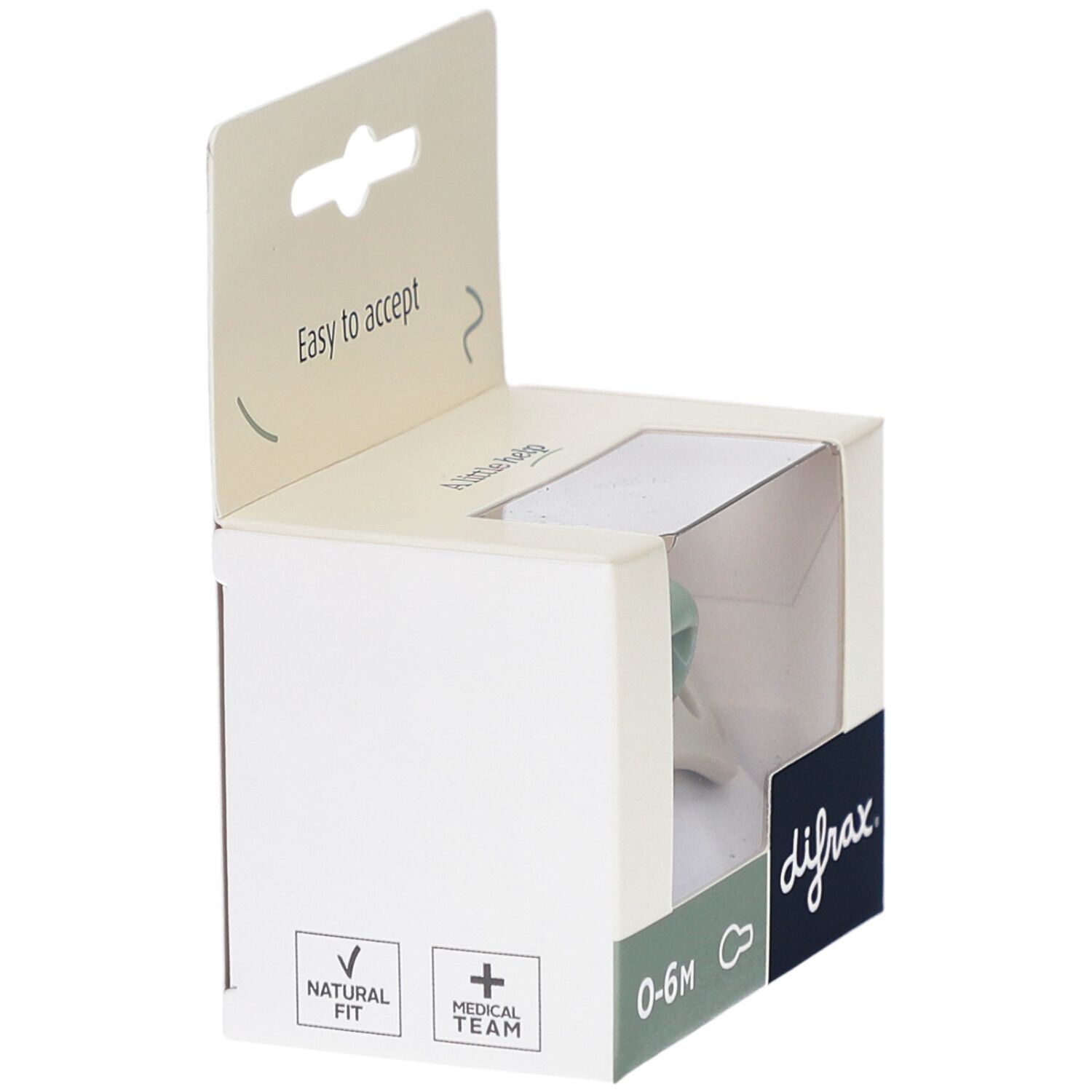 Emballage avec sucette. Marque difrax, 0-6M. Inscriptions: Natural Fit, Medical Team. Boîte blanche.