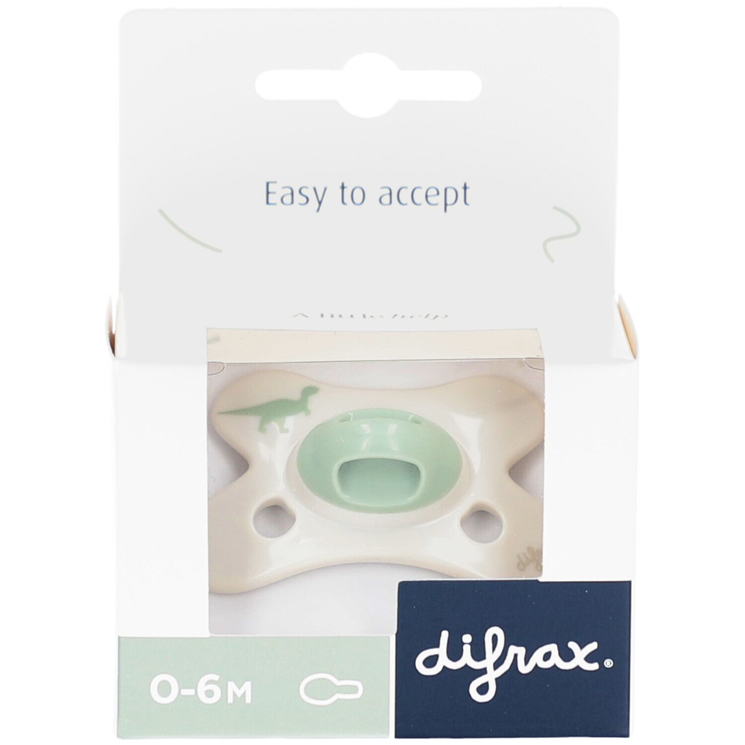 Sucette dans emballage. Tétine vert clair, bouclier crème avec motif dinosaure. Marque difrax, 0-6M.